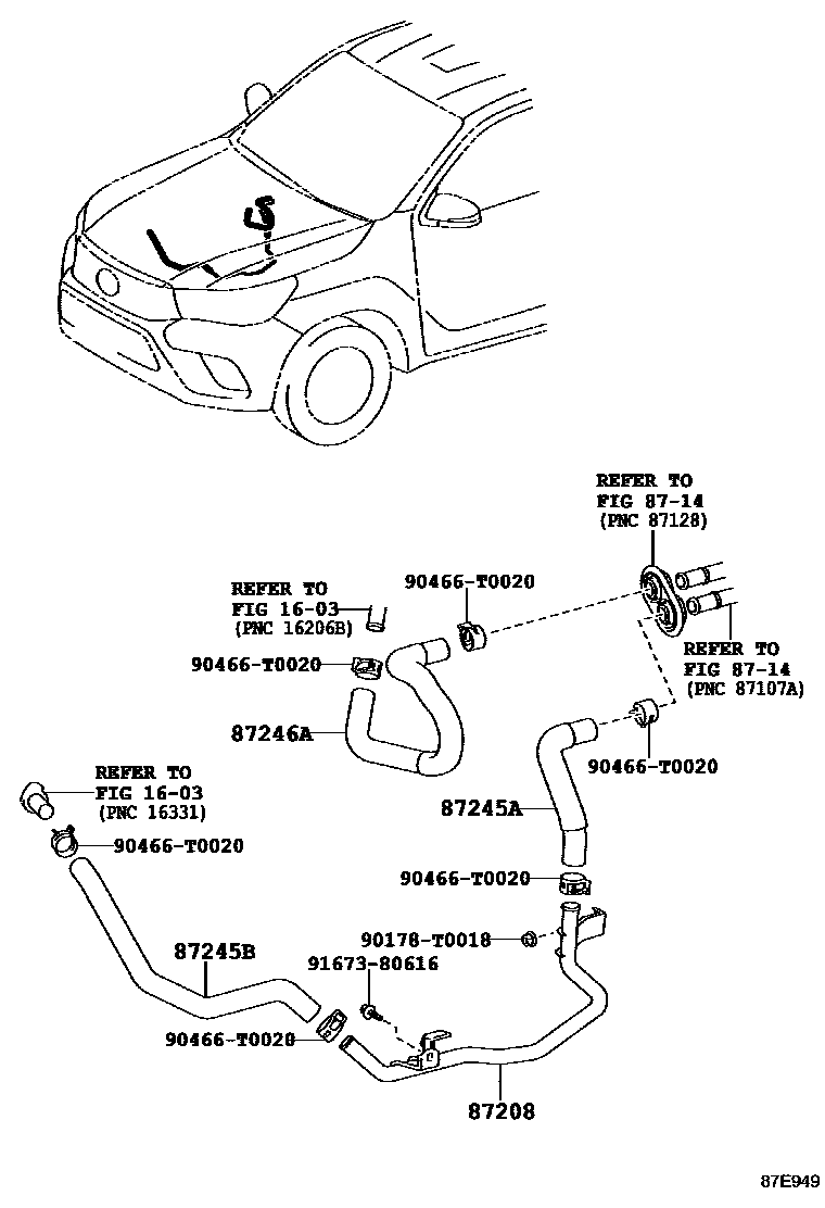 Toyota HILUX 暖风和空调系统 - 水管 EPC diagram — 87E949