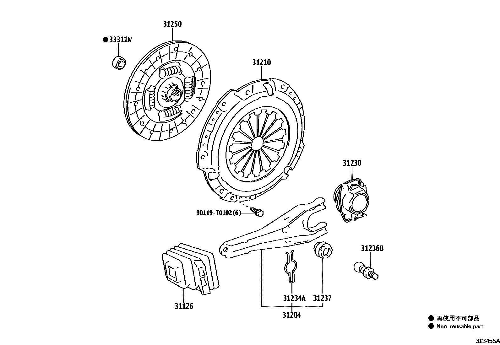Toyota HILUX 离合器和分离叉 EPC diagram — 313455A