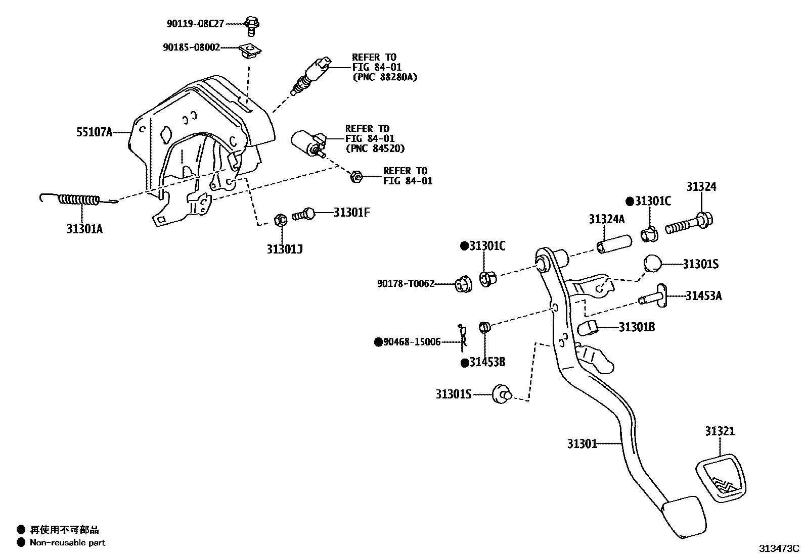 Toyota HILUX 离合器踏板和挠性软管 EPC diagram — 313473C