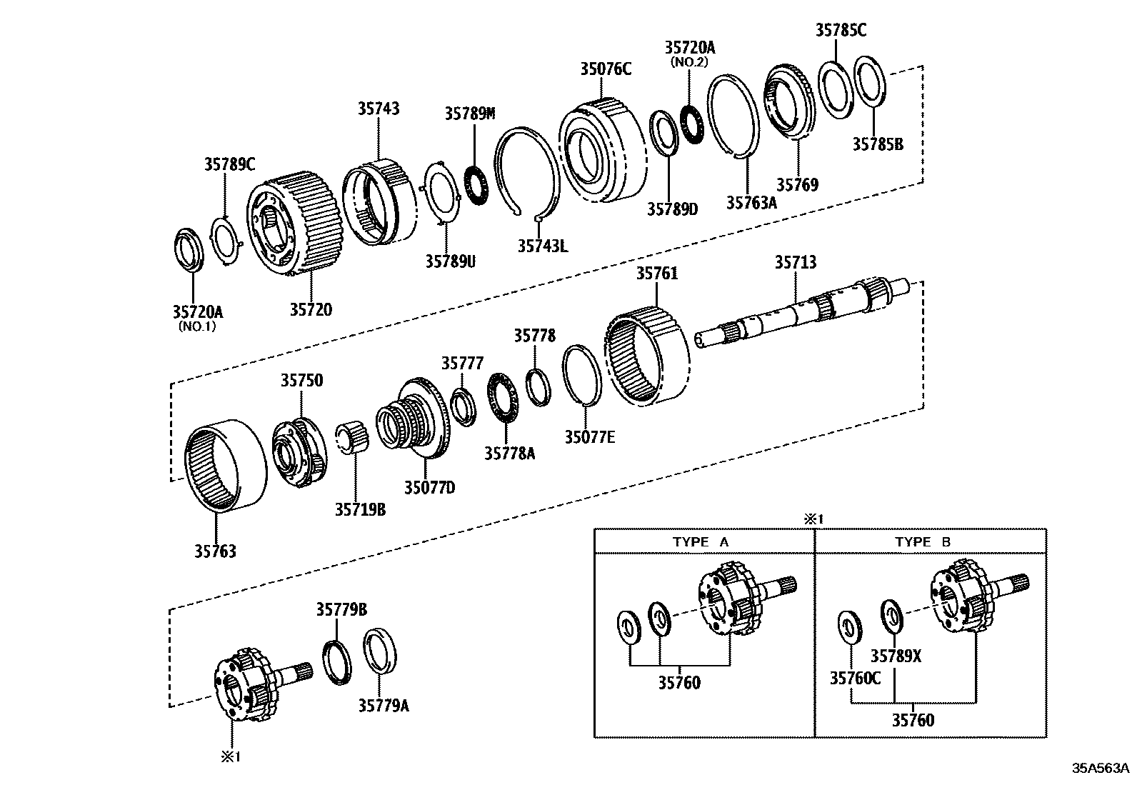 Toyota HILUX 行星齿轮、倒档活塞和中间轴齿轮(ATM) EPC diagram — 35A563A