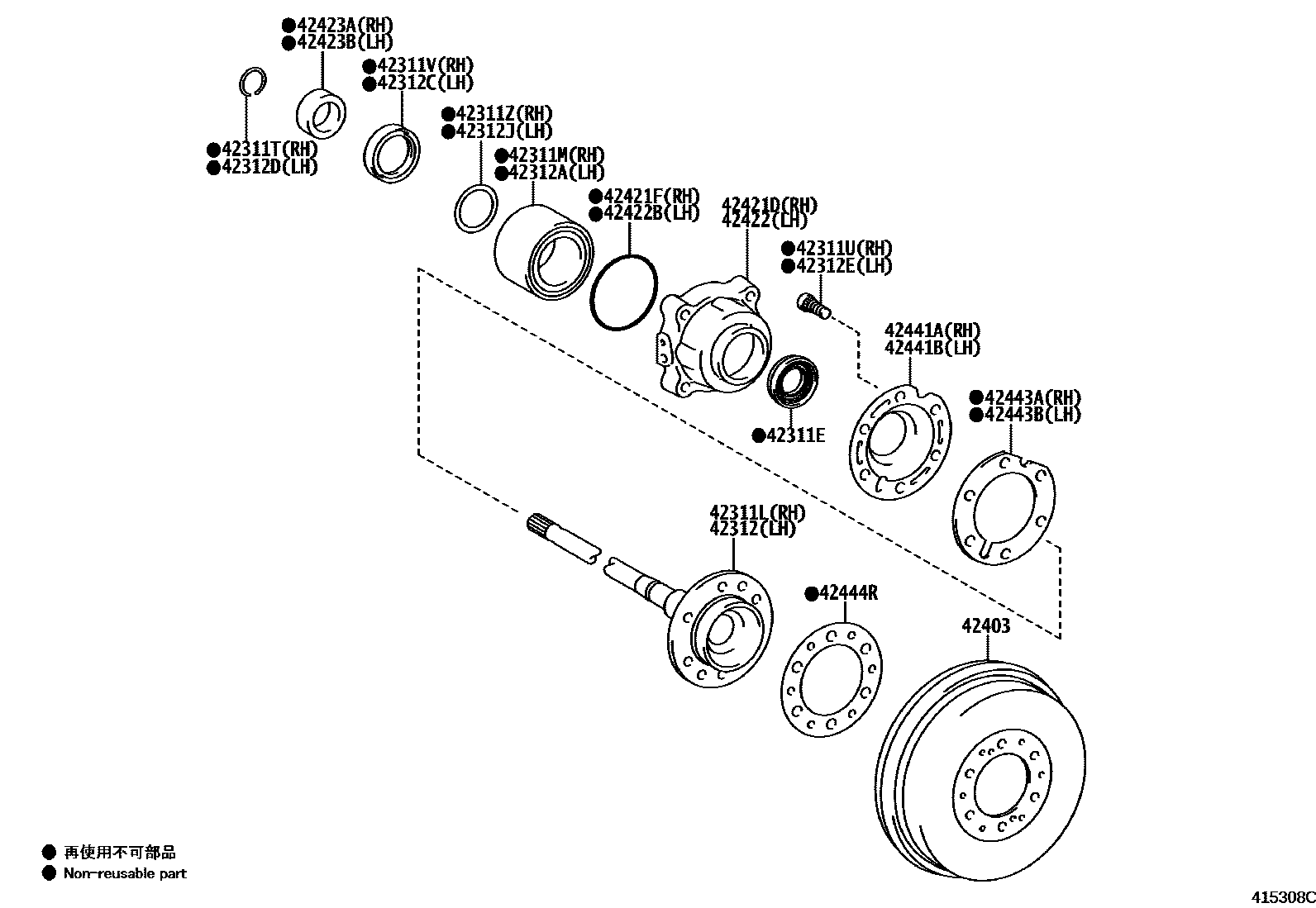 Toyota HILUX 后桥半轴和后桥轮毂 EPC diagram — 415308C
