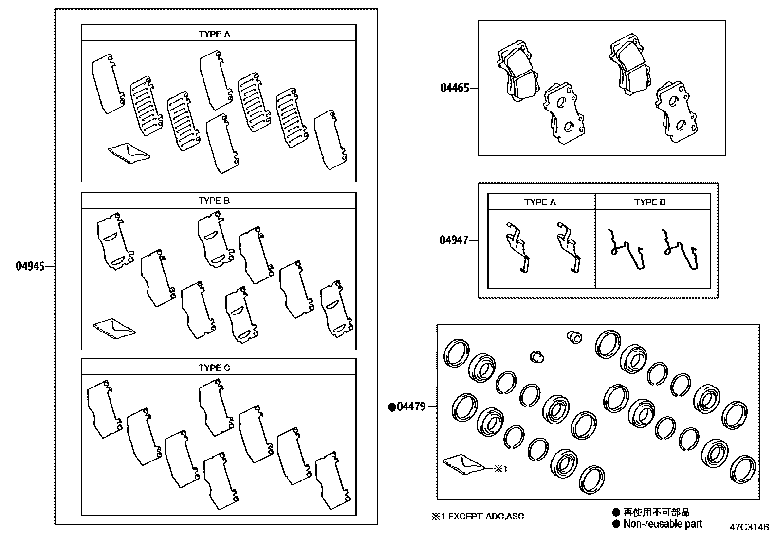 Toyota HILUX 前盘式制动器卡钳和防尘罩 EPC diagram — 47C314B