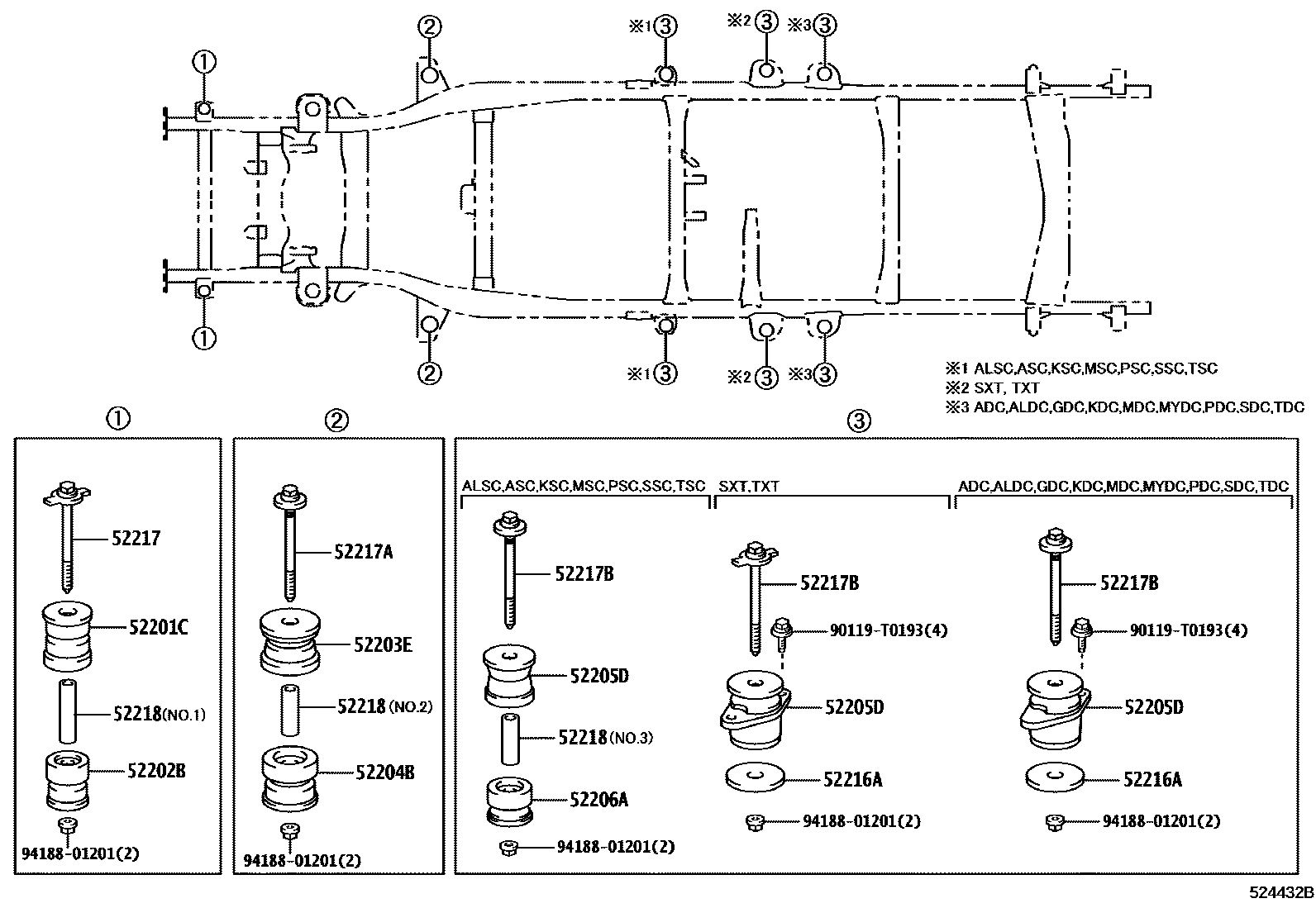 Toyota HILUX 驾驶室悬置和车身悬置 EPC diagram — 524432B