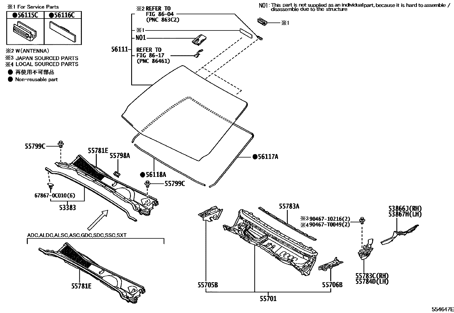Toyota HILUX 前围板和挡风玻璃 EPC diagram — 554647E