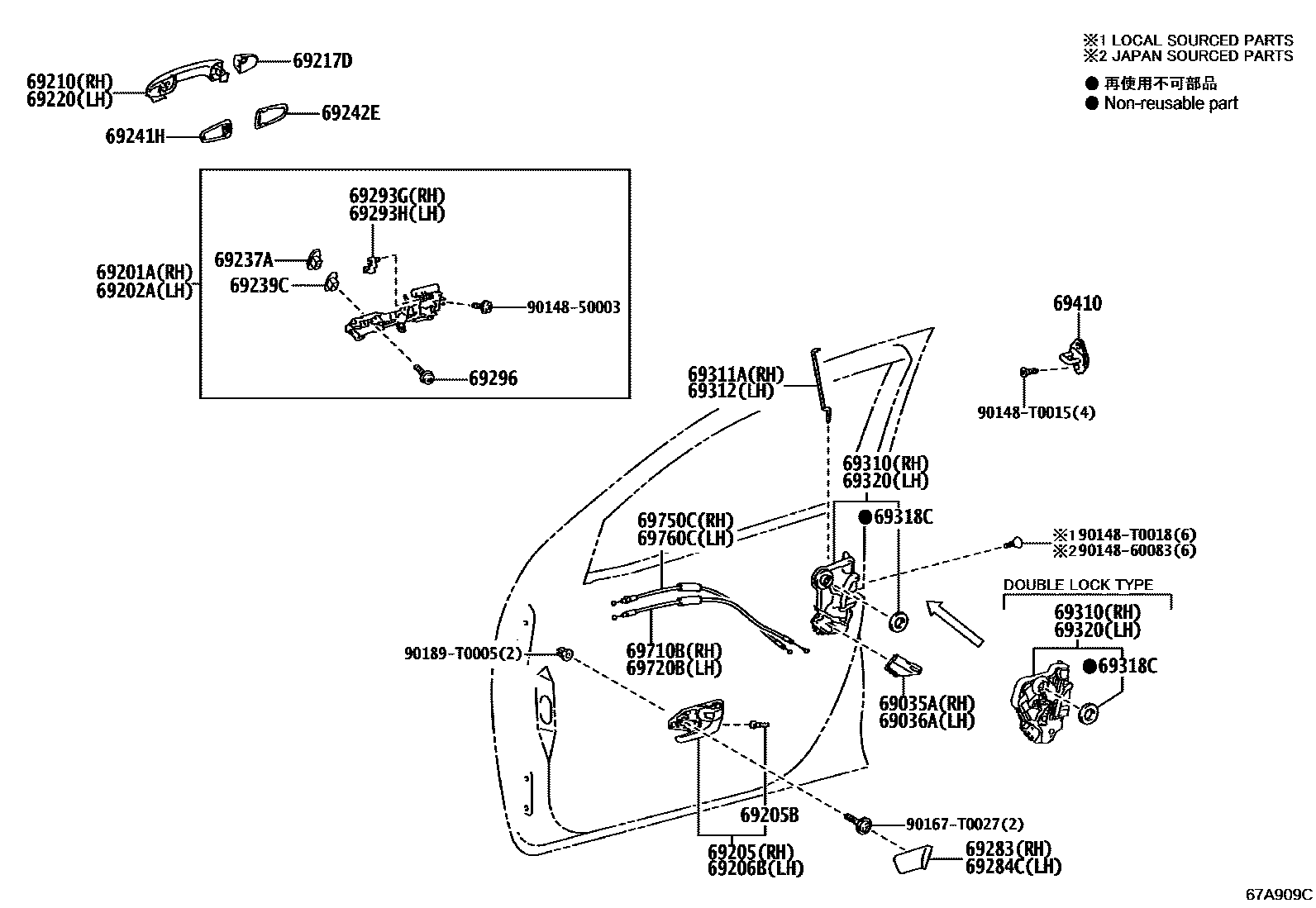 Toyota HILUX 前门锁和车门把手 EPC diagram — 67A909C