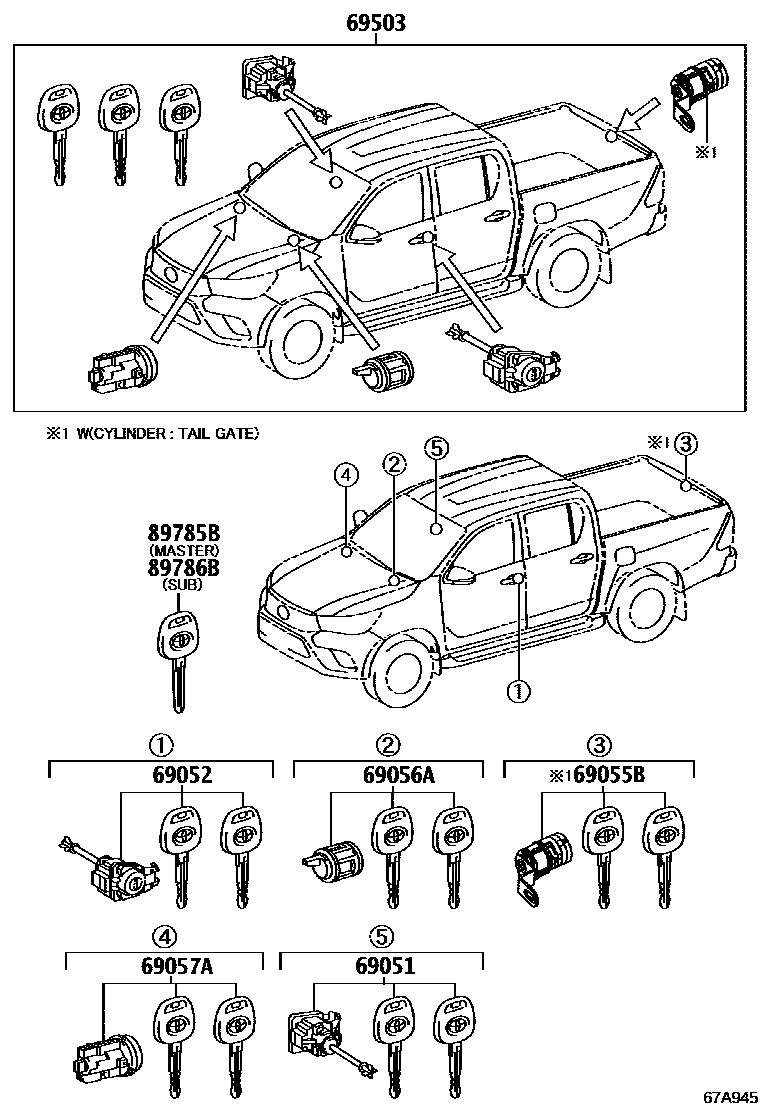 Toyota HILUX 锁芯组件 EPC diagram — 67A945
