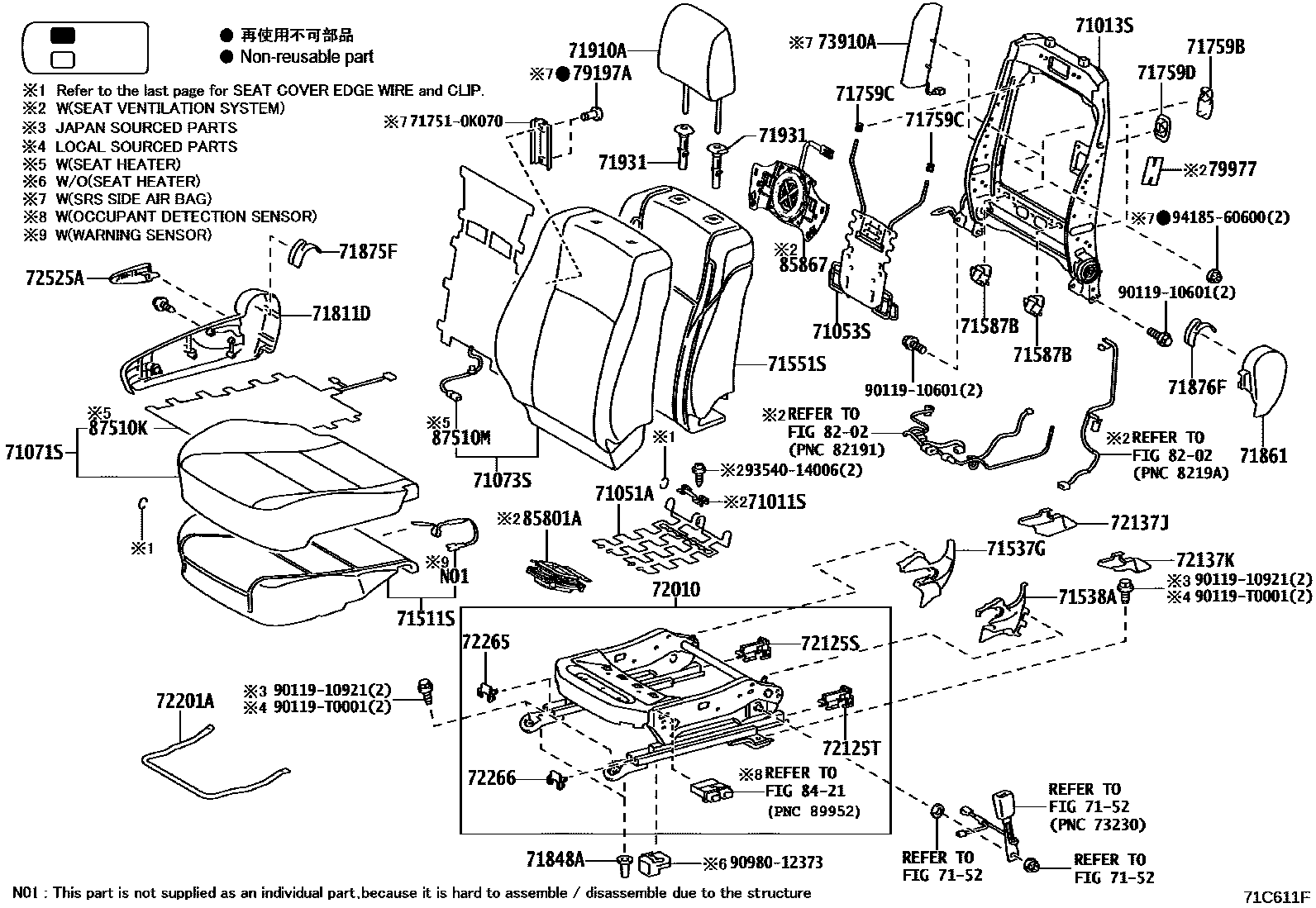 Toyota HILUX 座椅和座椅滑轨 EPC diagram — 71C611F