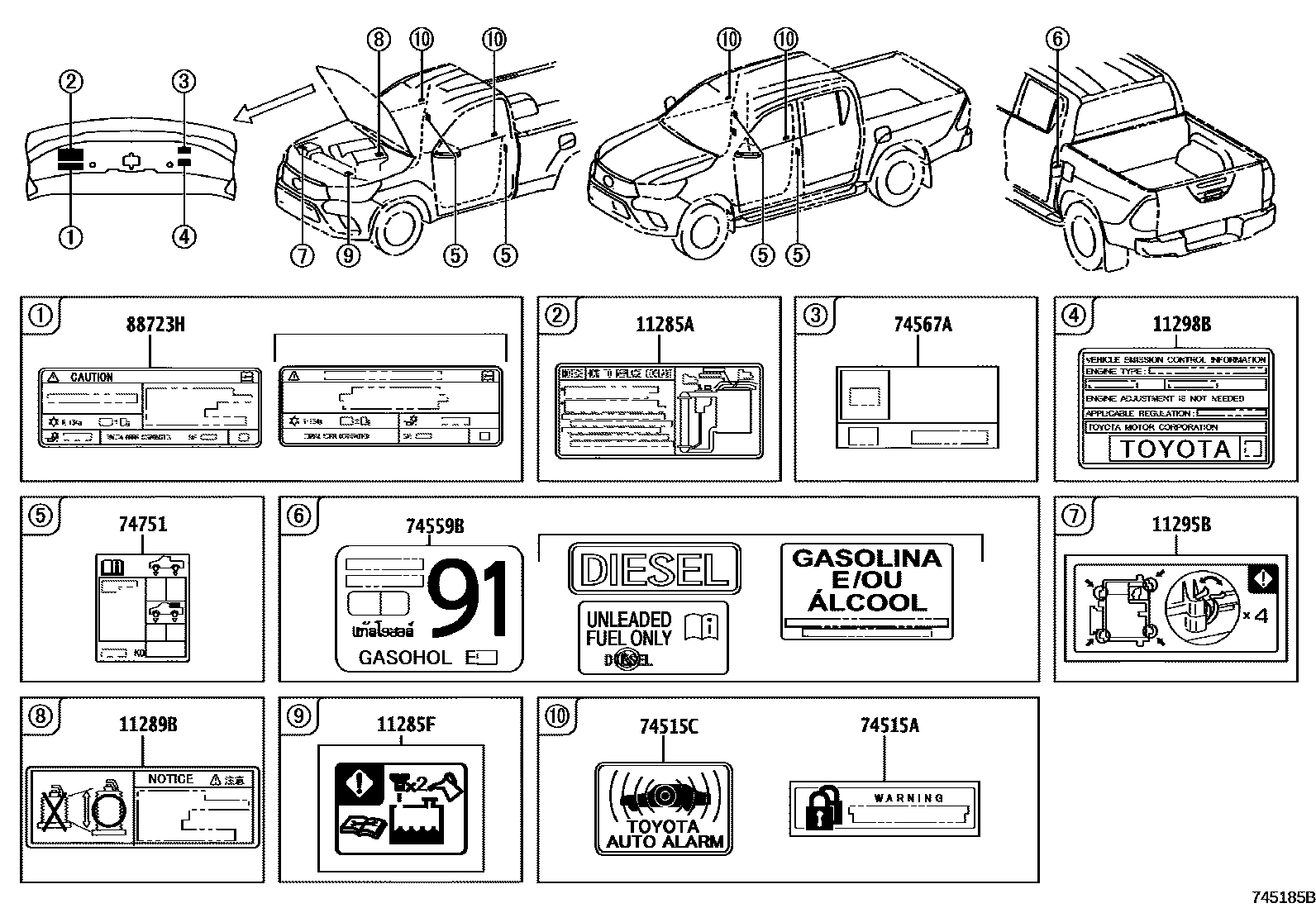 Toyota HILUX warning nameplate EPC diagram — 745185B
