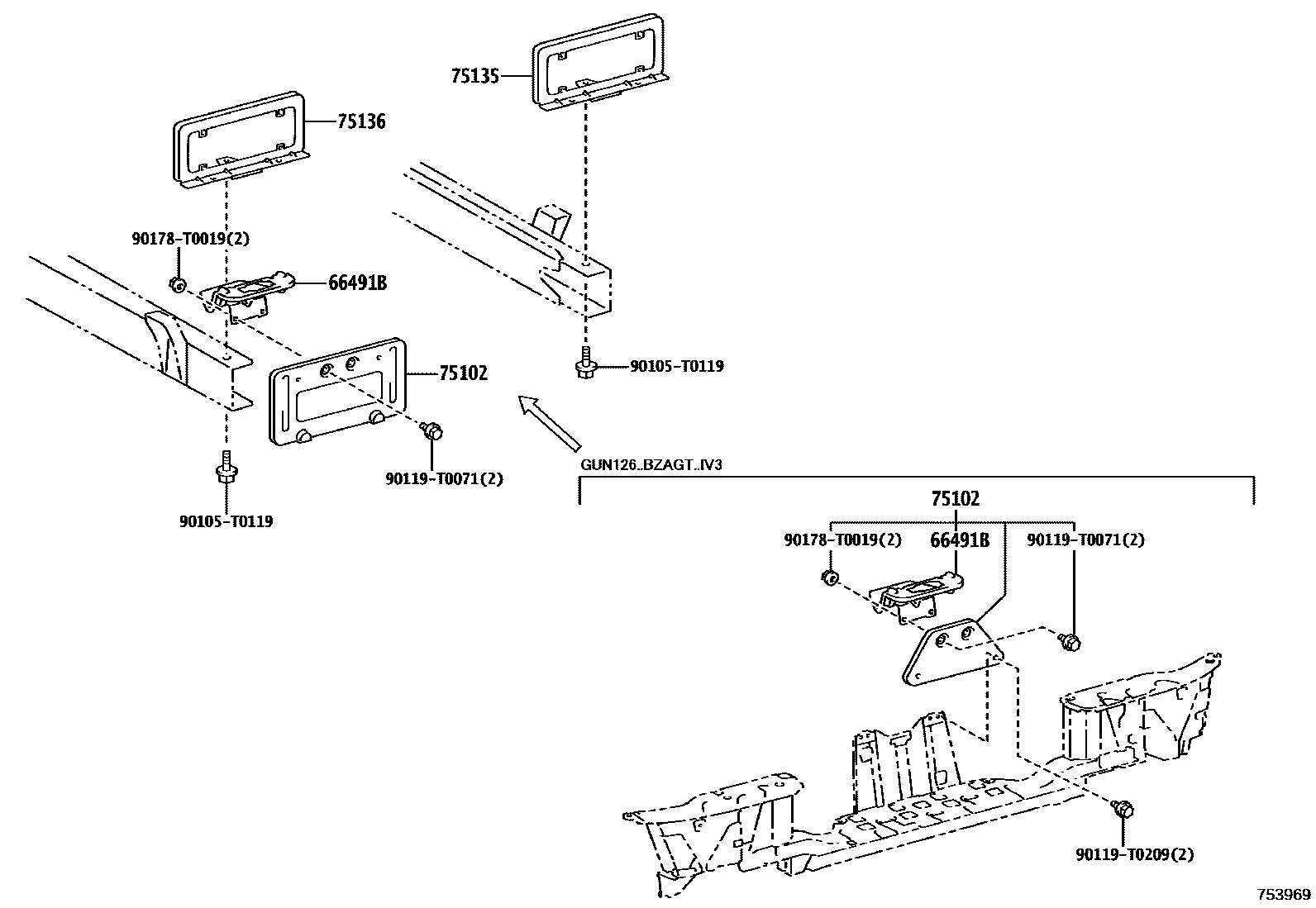 Toyota HILUX 工具箱和牌照支架 EPC diagram — 753969