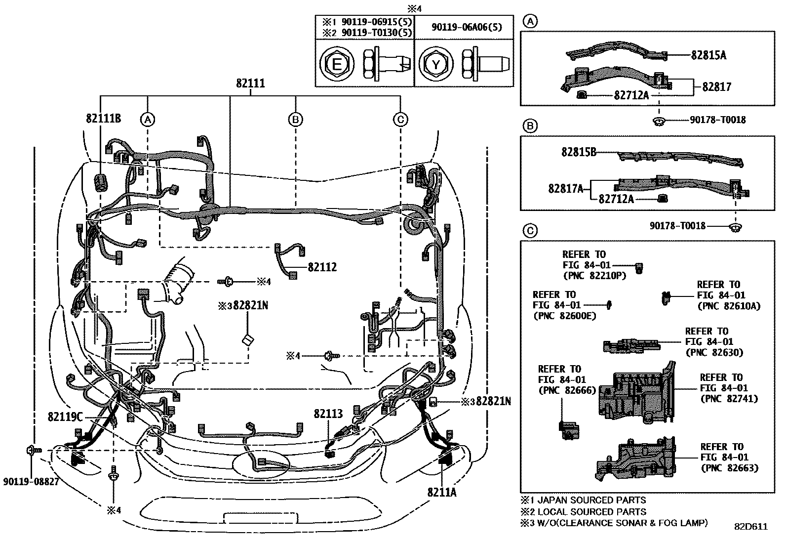 Toyota HILUX 线束和卡夹 EPC diagram — 82D611