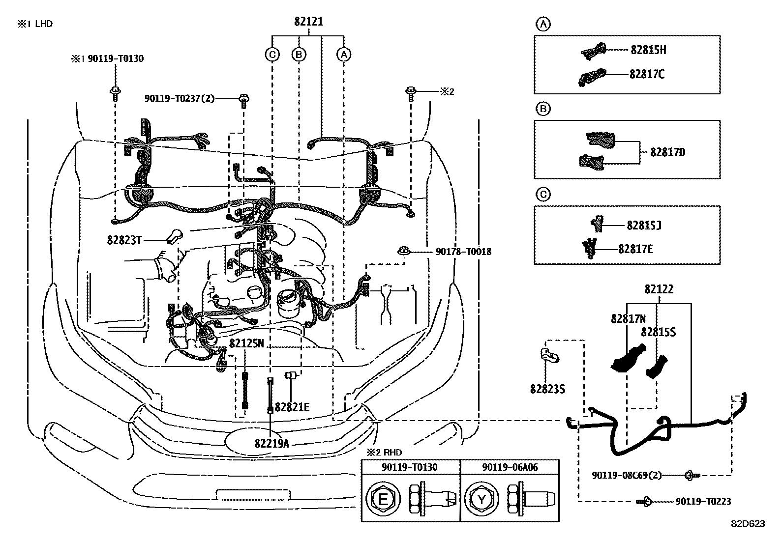 Toyota HILUX 线束和卡夹 EPC diagram — 82D623