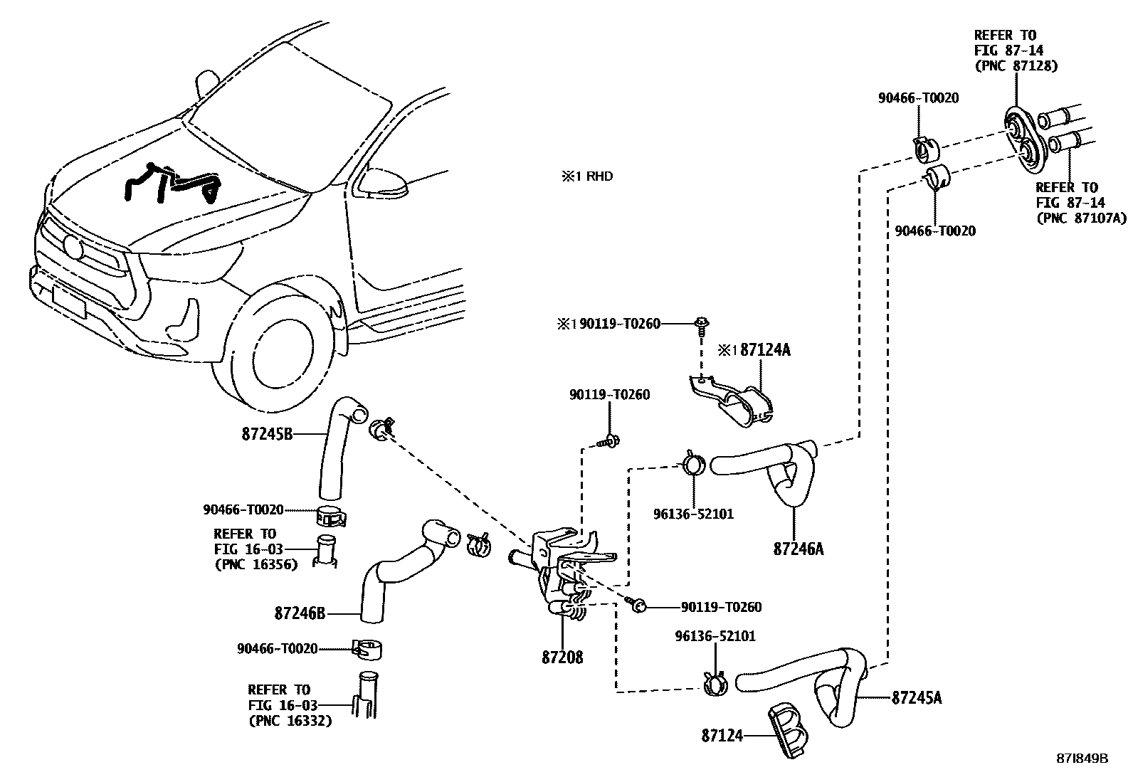 Toyota HILUX 暖风和空调系统 - 水管 EPC diagram — 87I849B
