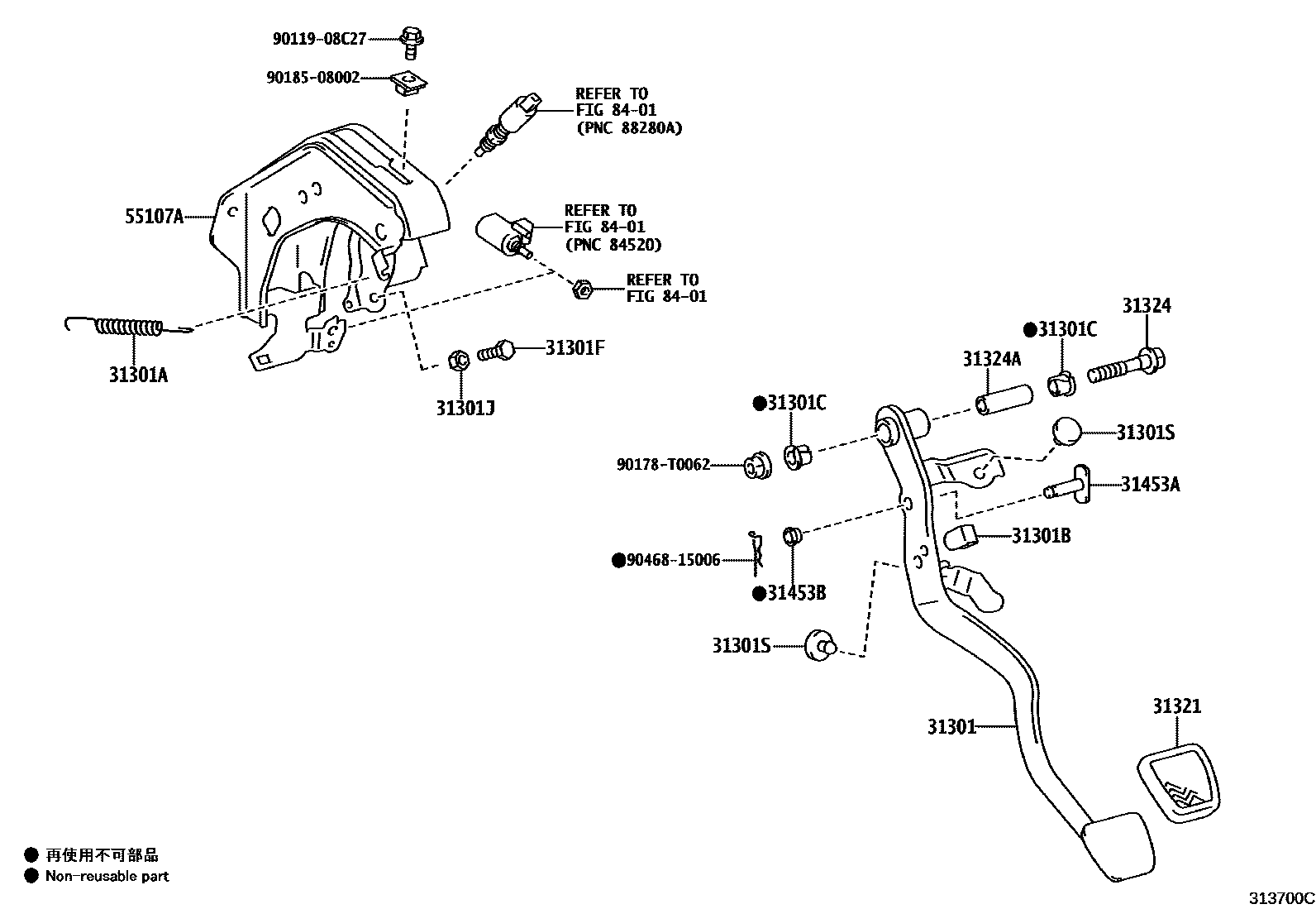 Toyota HILUX 离合器踏板和挠性软管 EPC diagram — 313700C