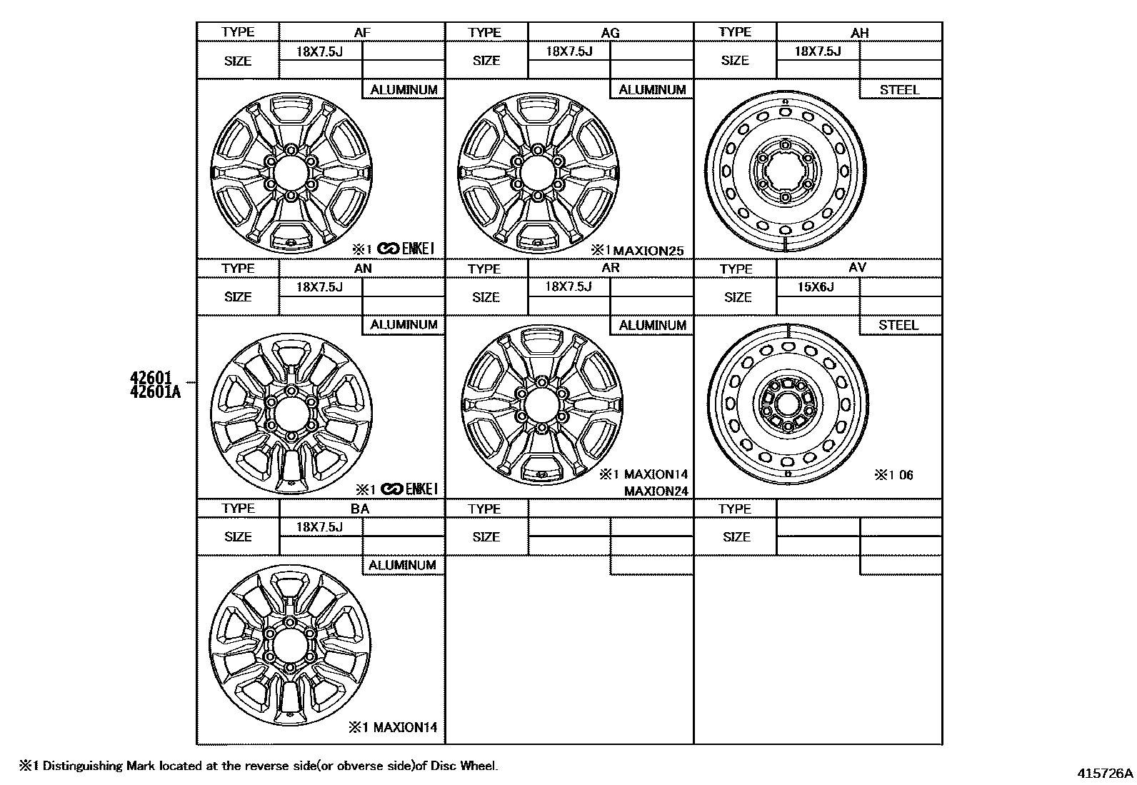 Toyota HILUX 车轮和车轮盖 EPC diagram — 415726A