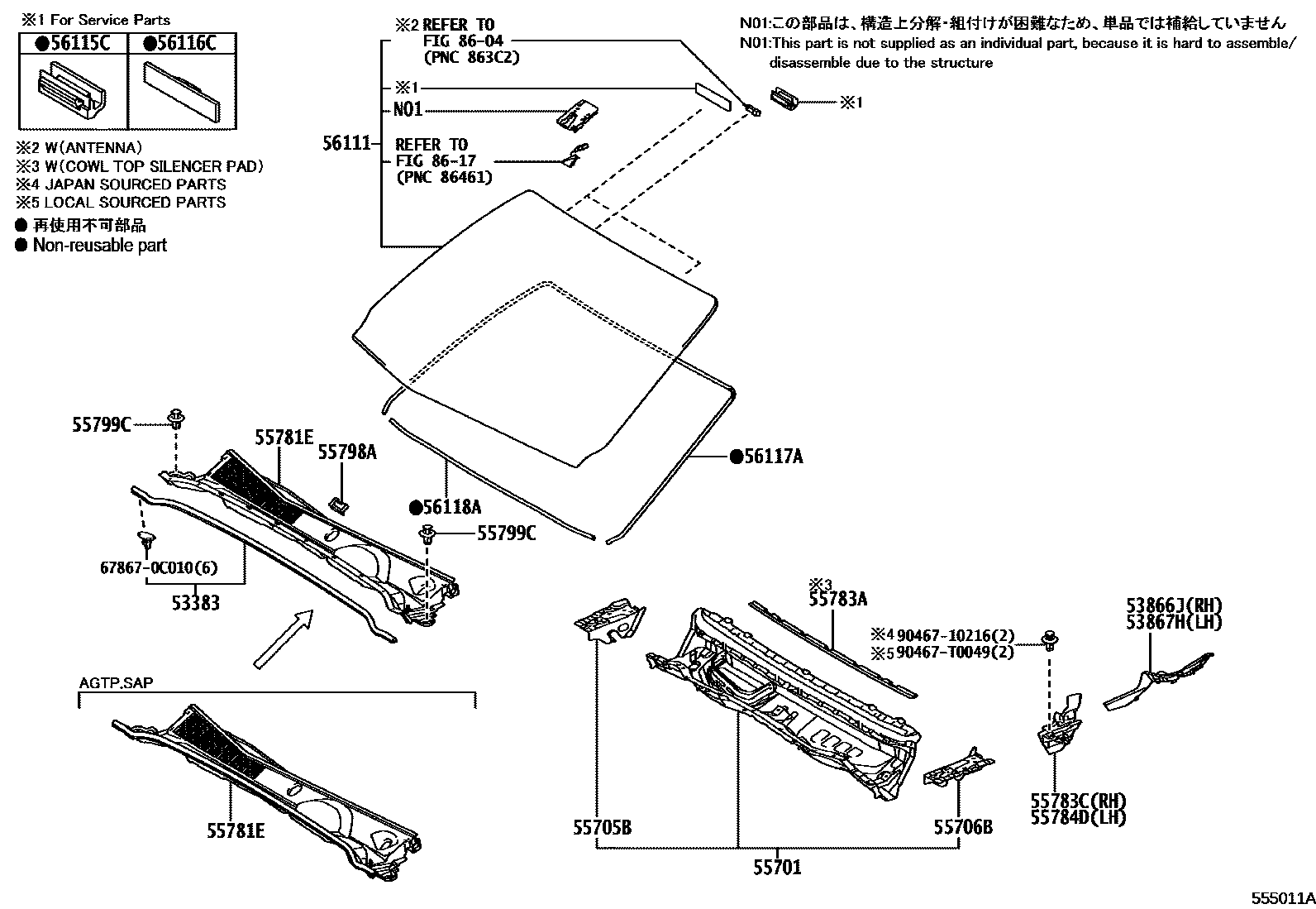 Toyota HILUX 前围板和挡风玻璃 EPC diagram — 555011A