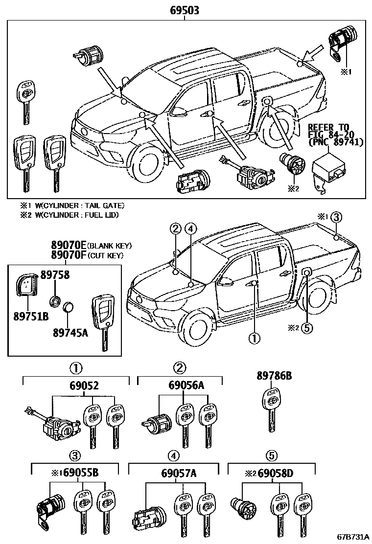 Toyota HILUX 锁芯组件 EPC diagram — 67B731A