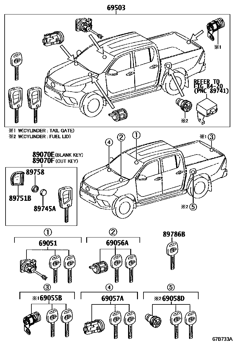 Toyota HILUX 锁芯组件 EPC diagram — 67B733A