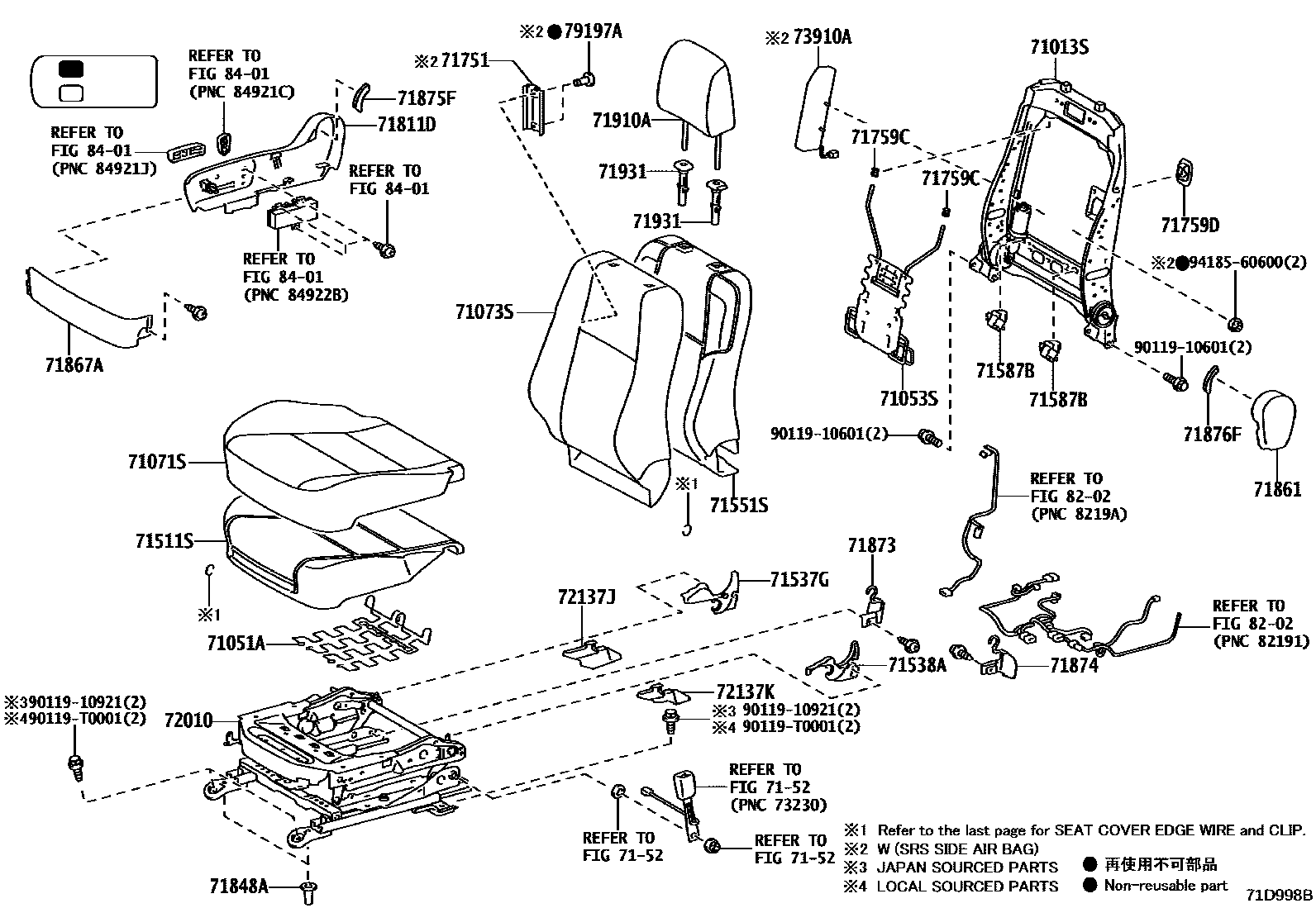 Toyota HILUX 座椅和座椅滑轨 EPC diagram — 71D998B