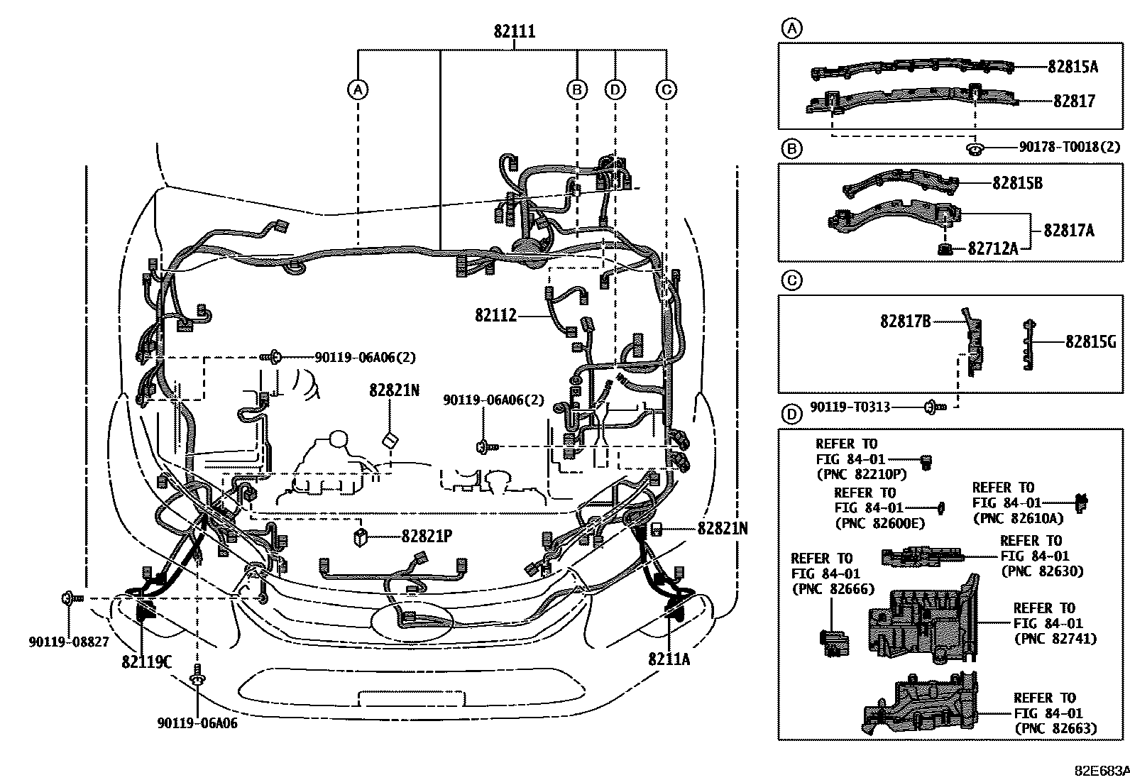 Toyota HILUX 线束和卡夹 EPC diagram — 82E683A