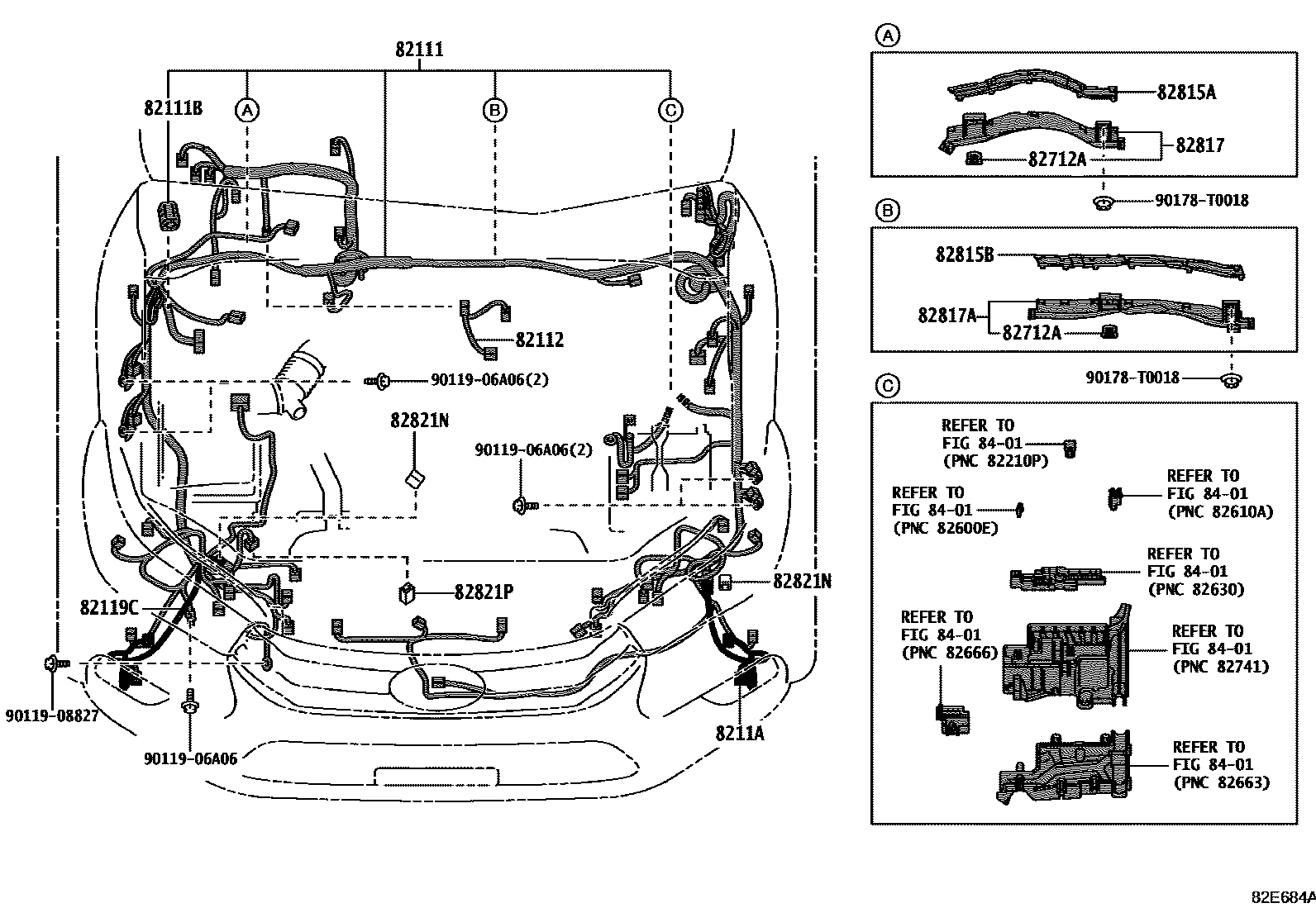 Toyota HILUX 线束和卡夹 EPC diagram — 82E684A