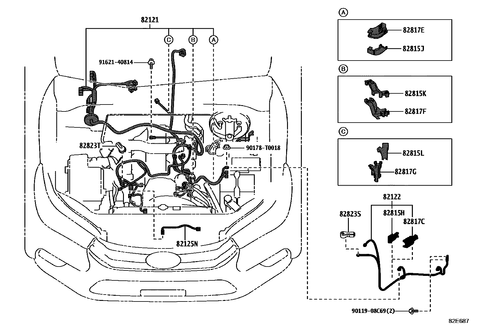 Toyota HILUX 线束和卡夹 EPC diagram — 82E687