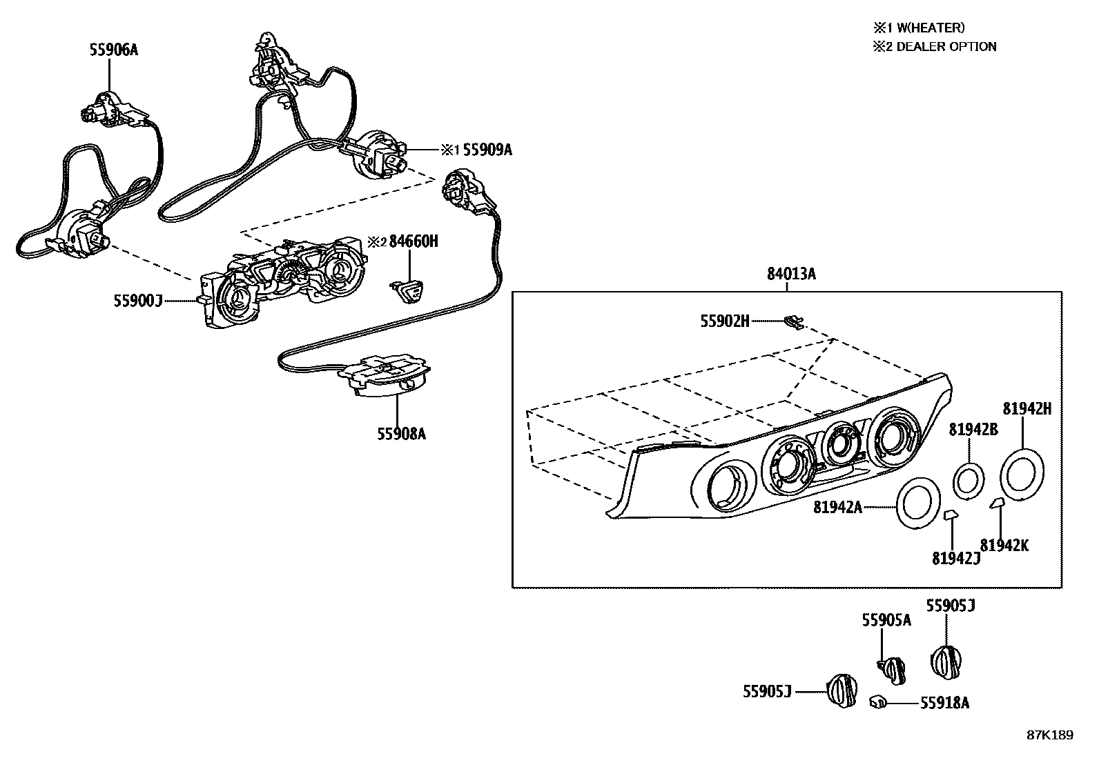 Toyota HILUX 暖风和空调系统 - 控制器和风管 EPC diagram — 87K189