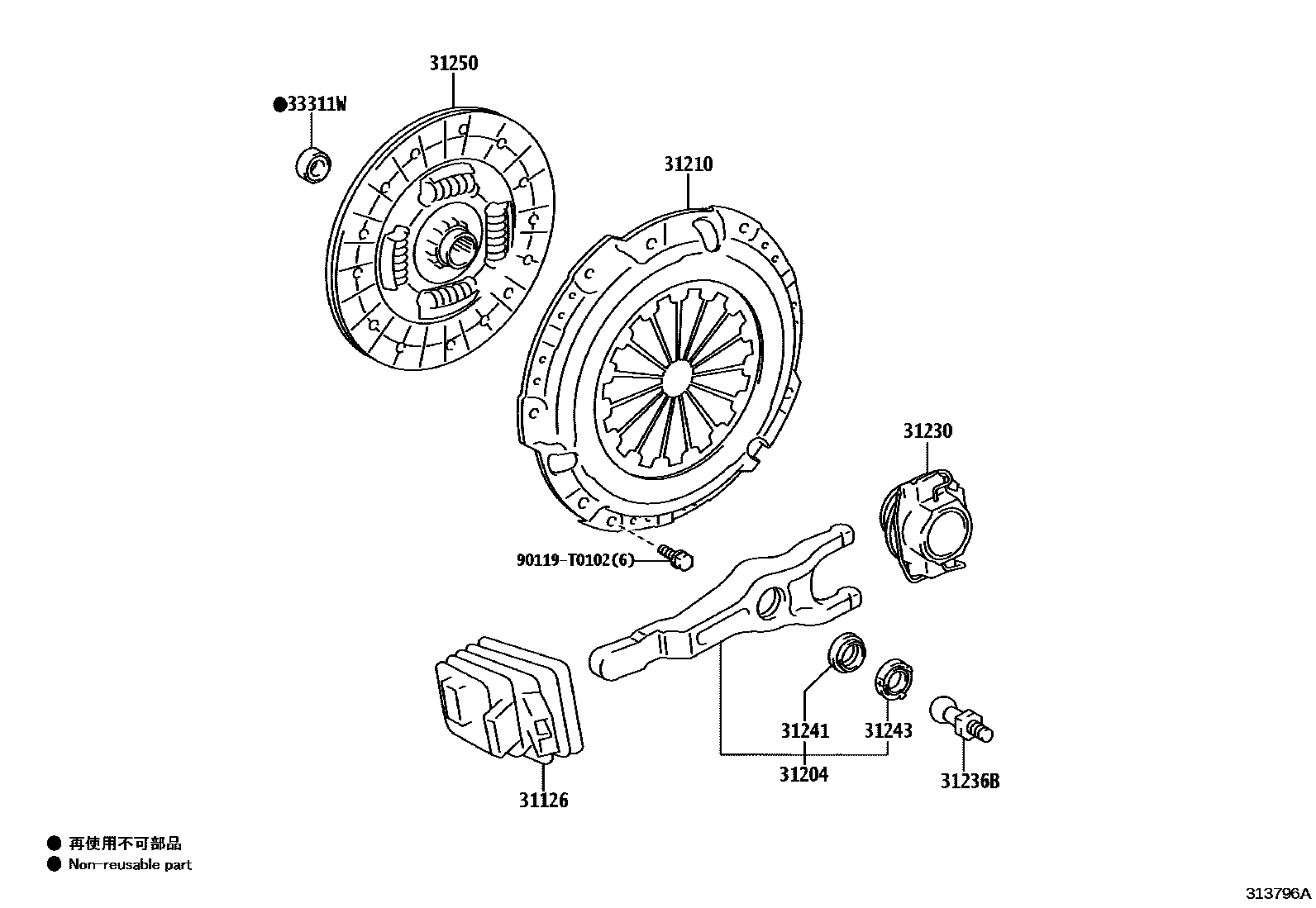 Toyota HILUX 离合器和分离叉 EPC diagram — 313796A