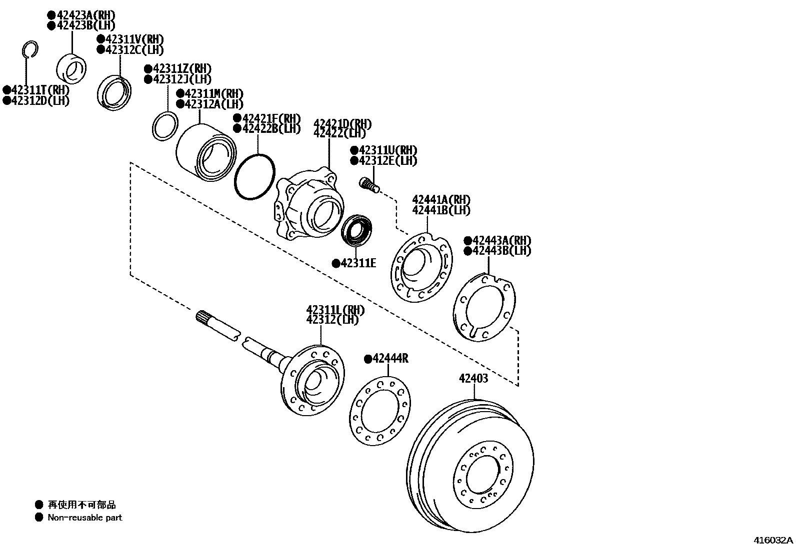 Toyota HILUX 后桥半轴和后桥轮毂 EPC diagram — 416032A