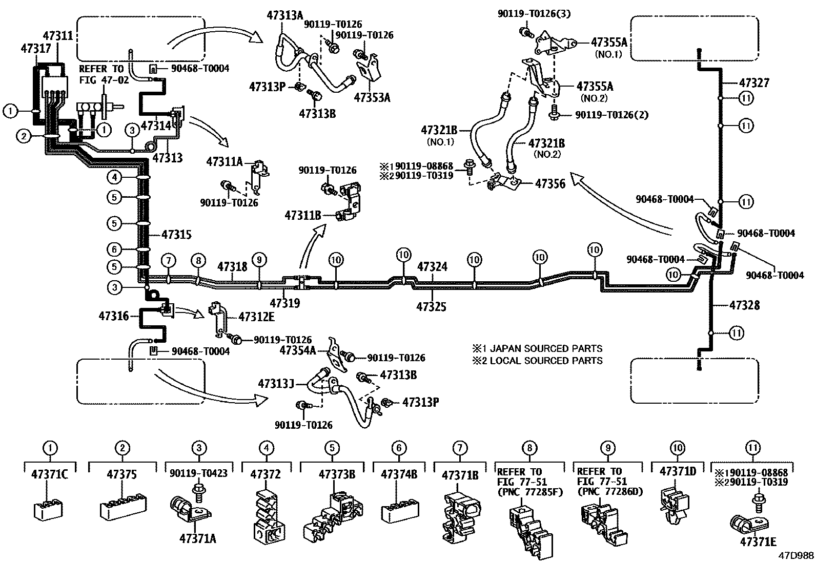 Toyota HILUX 制动配管和卡箍 EPC diagram — 47D988