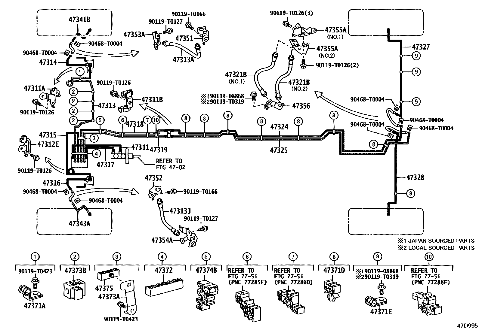 Toyota HILUX 制动配管和卡箍 EPC diagram — 47D995
