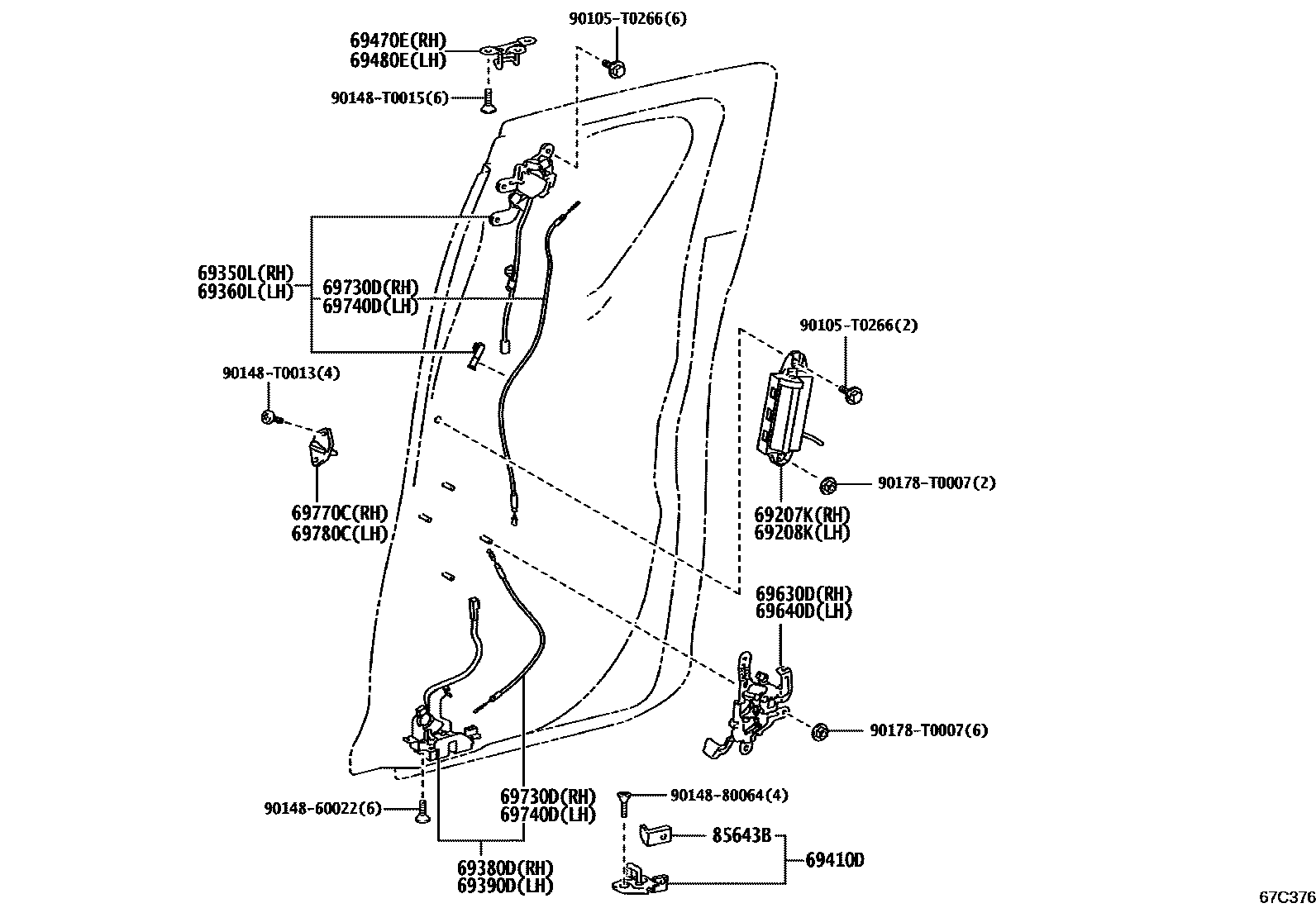 Toyota HILUX 后门锁和后门把手 EPC diagram — 67C376