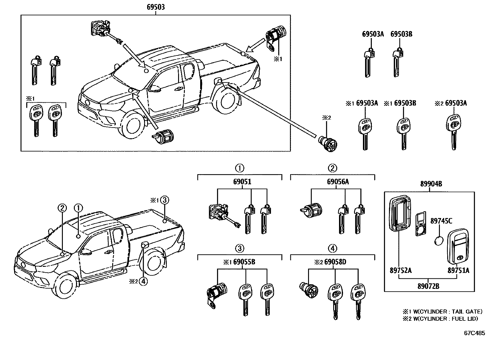 Toyota HILUX 锁芯组件 EPC diagram — 67C485