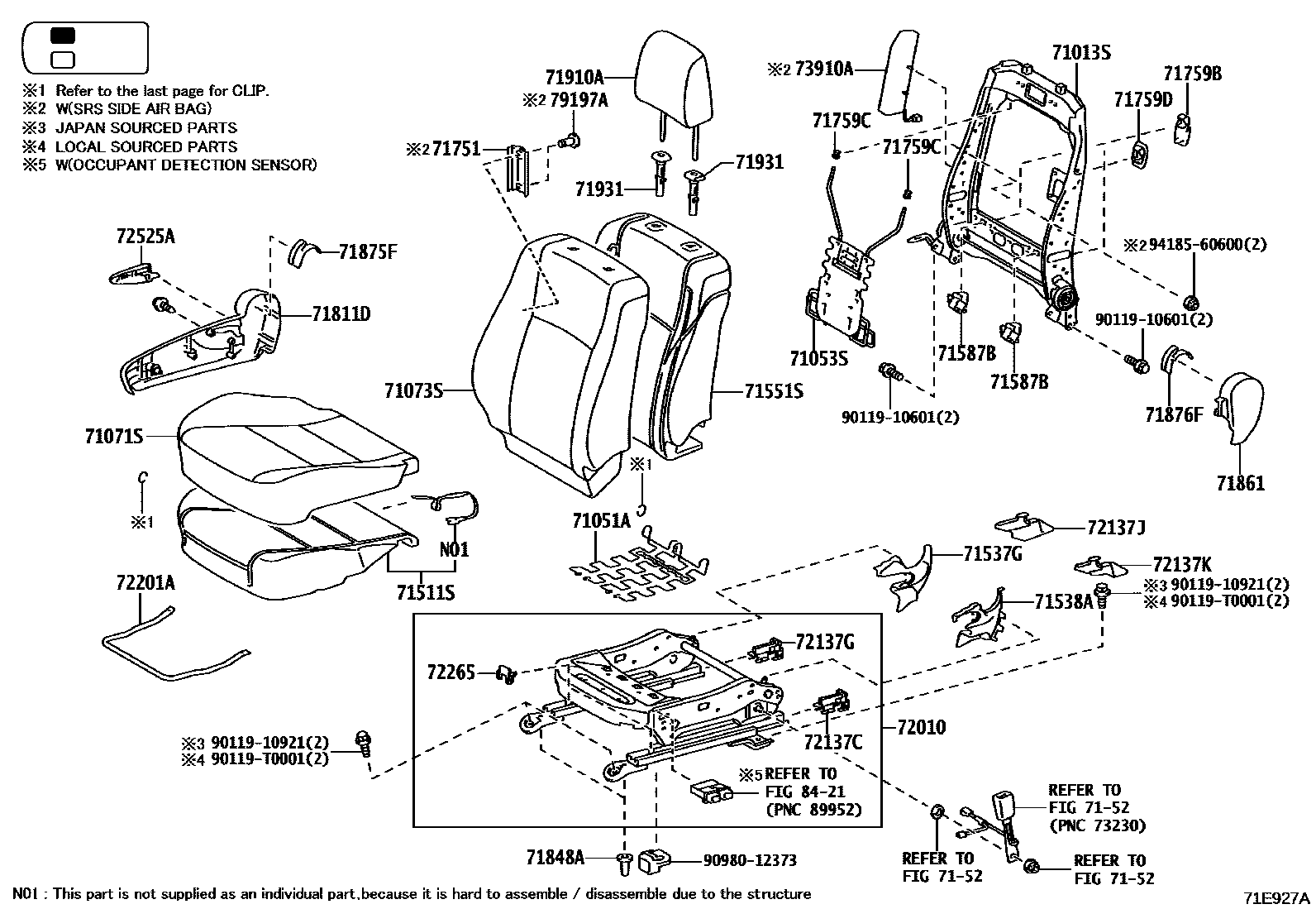 Toyota HILUX 座椅和座椅滑轨 EPC diagram — 71E927A