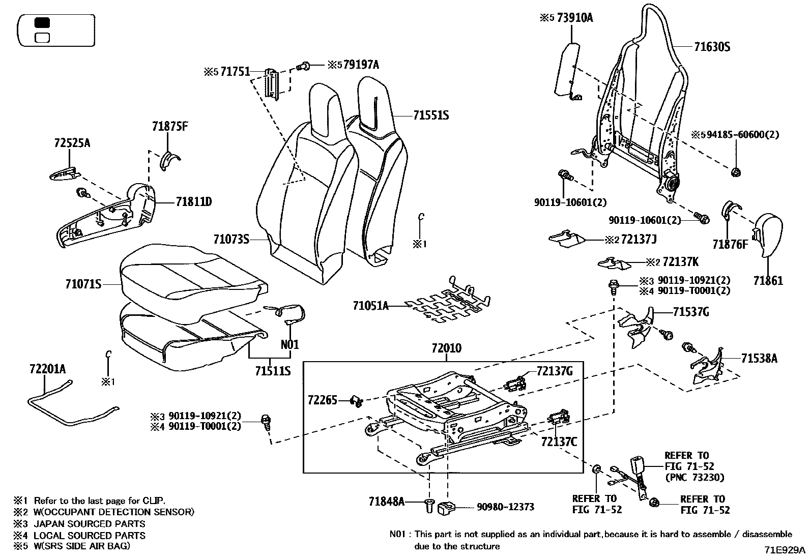 Toyota HILUX 座椅和座椅滑轨 EPC diagram — 71E929A