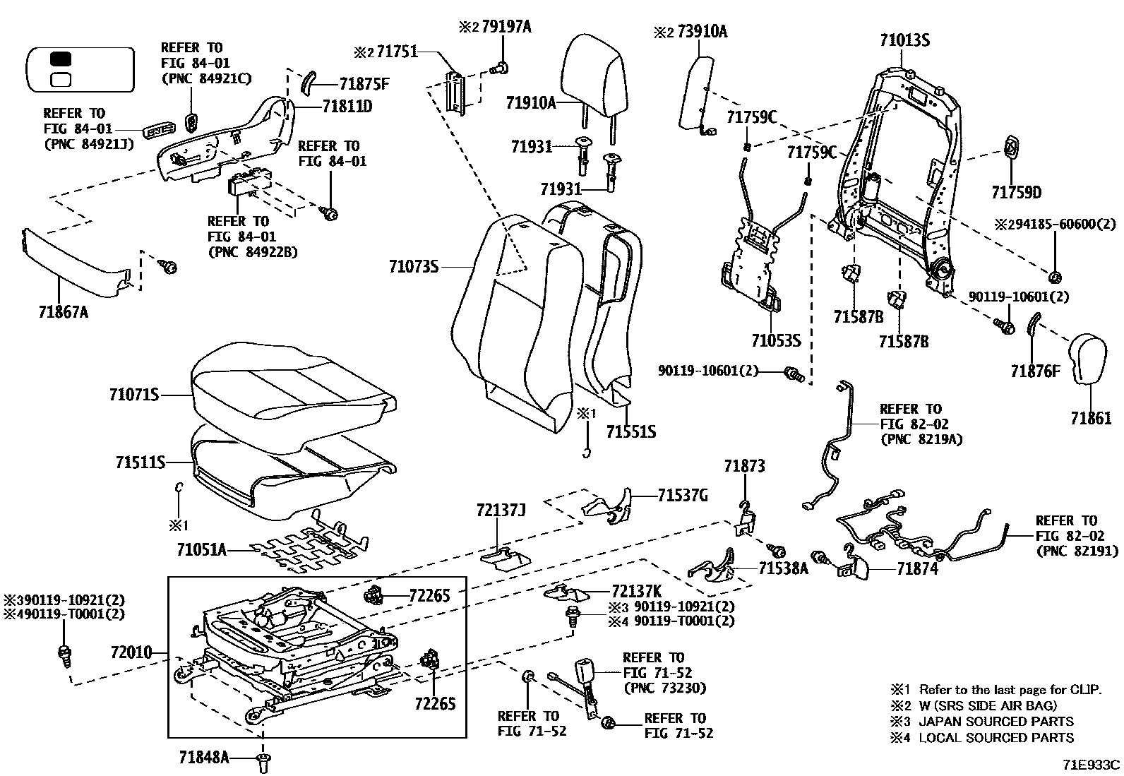 Toyota HILUX 座椅和座椅滑轨 EPC diagram — 71E933C