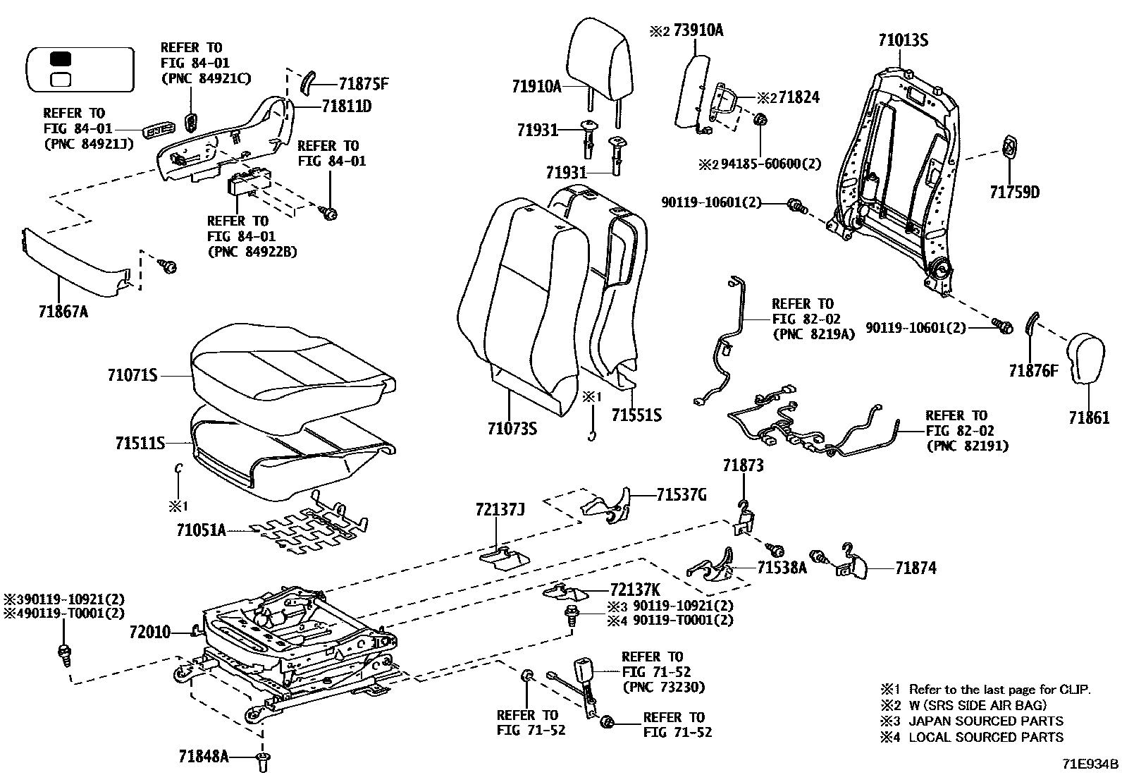 Toyota HILUX 座椅和座椅滑轨 EPC diagram — 71E934B