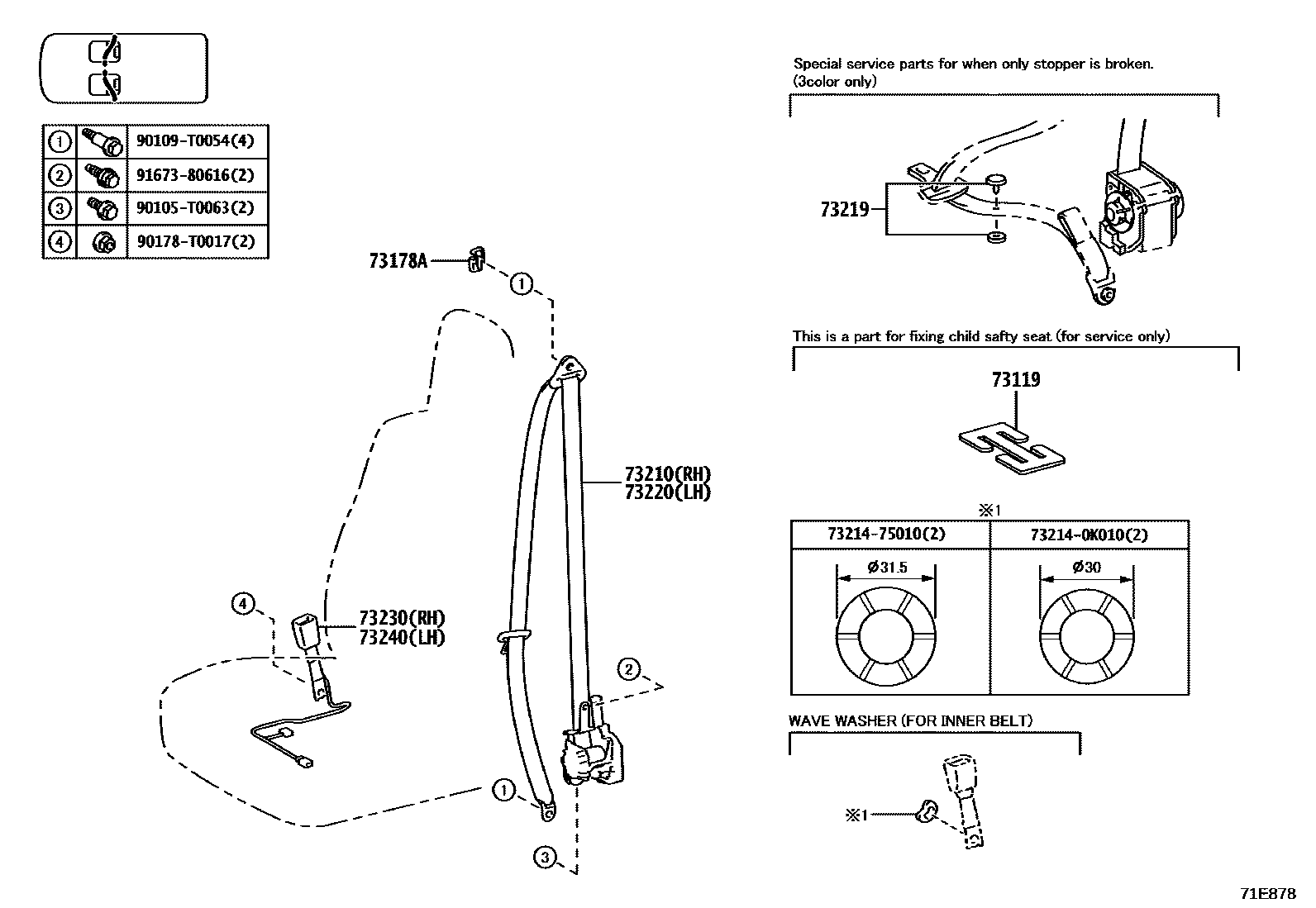Toyota HILUX seat belt EPC diagram — 71E878
