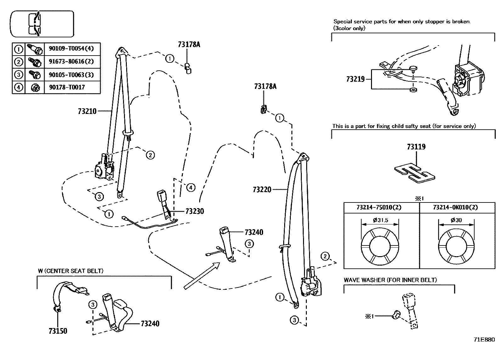 Toyota HILUX seat belt EPC diagram — 71E880