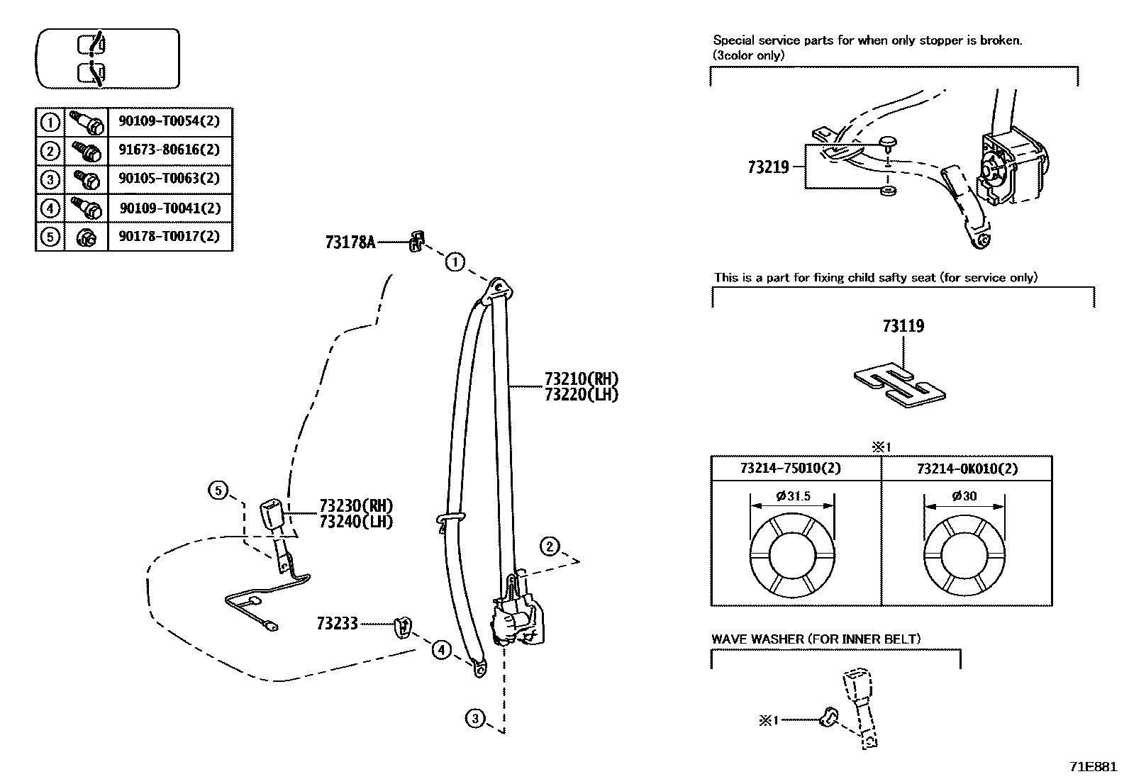 Toyota HILUX seat belt EPC diagram — 71E881