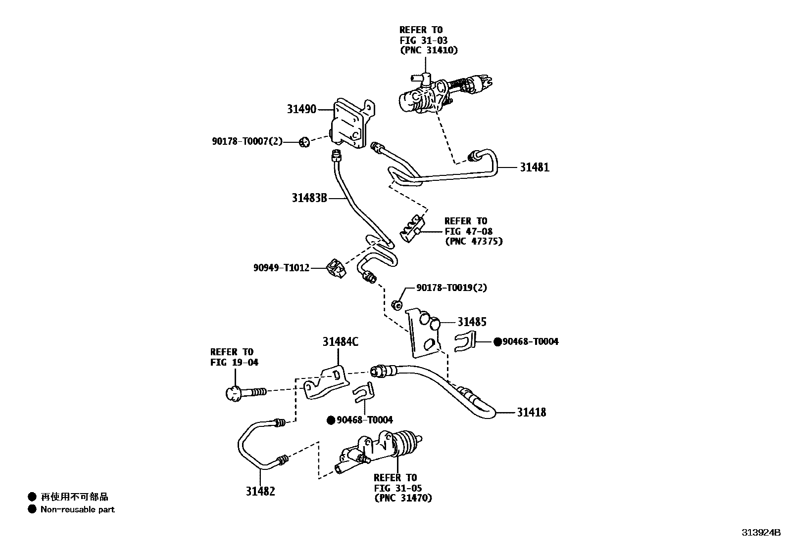 Toyota HILUX 离合器踏板和挠性软管 EPC diagram — 313924B