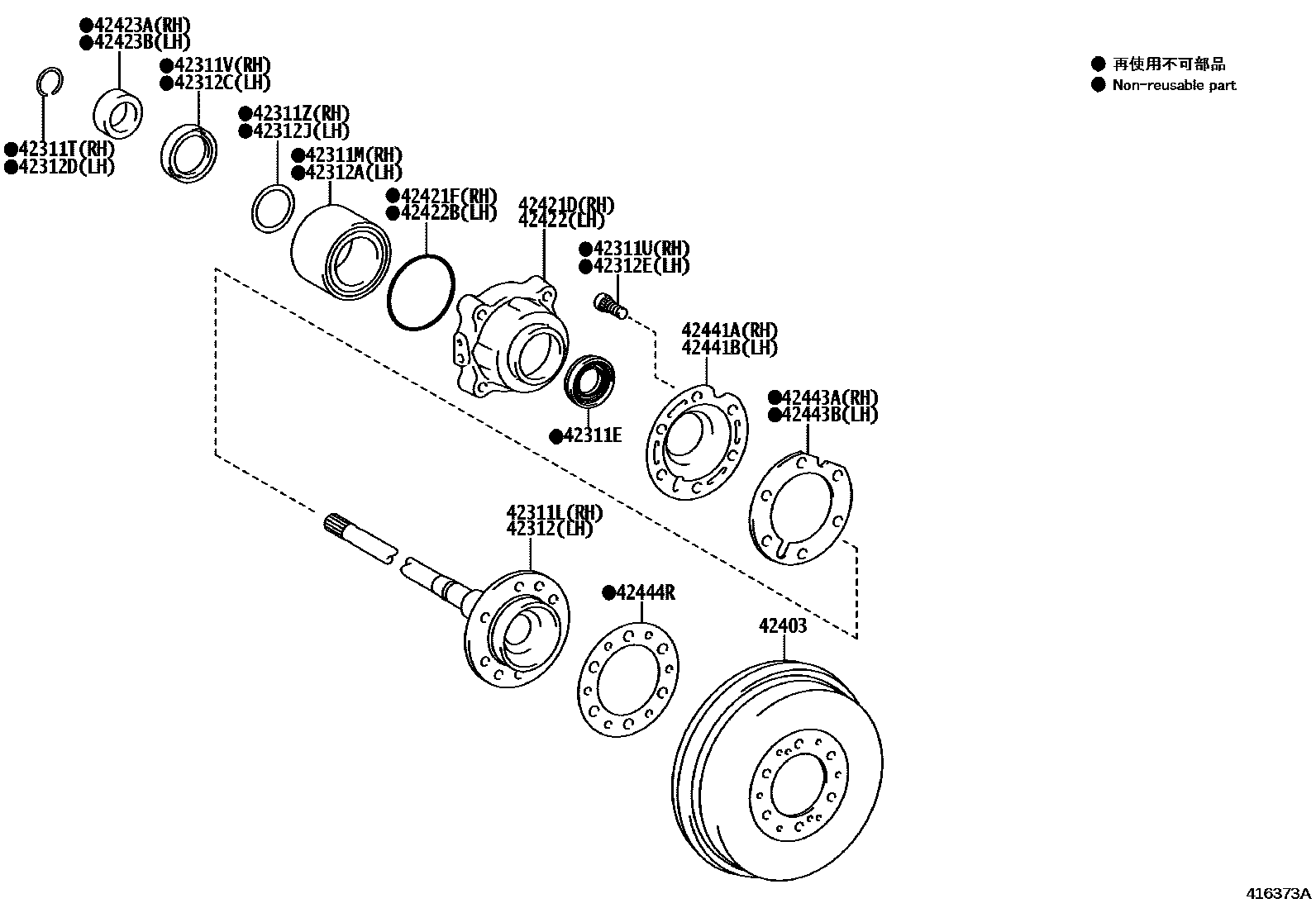 Toyota HILUX 后桥半轴和后桥轮毂 EPC diagram — 416373A