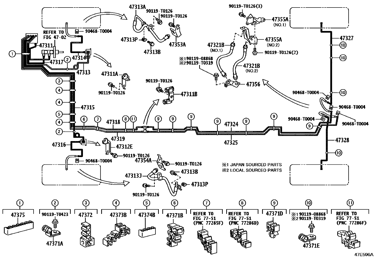 Toyota HILUX 制动配管和卡箍 EPC diagram — 47E596A