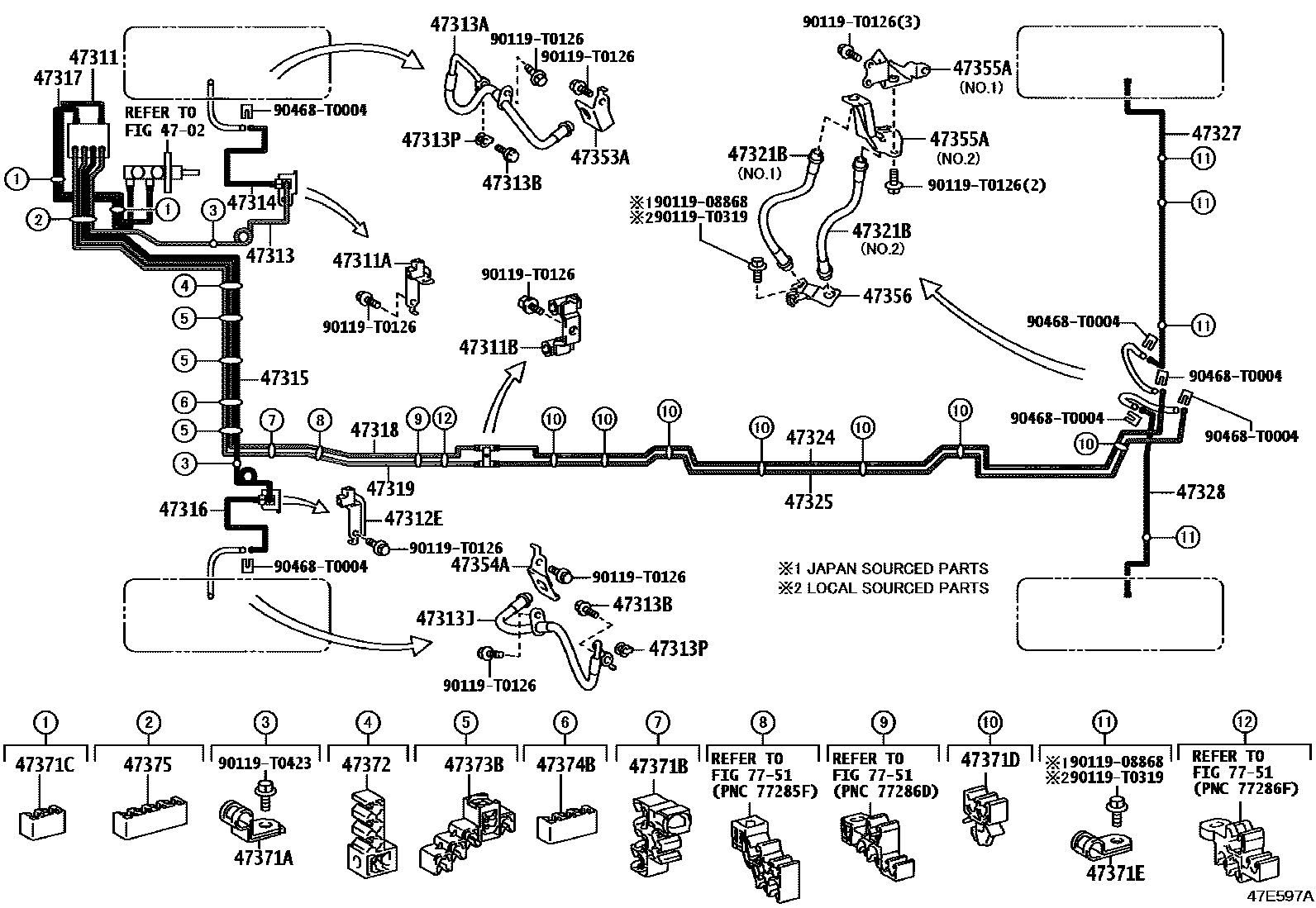 Toyota HILUX 制动配管和卡箍 EPC diagram — 47E597A