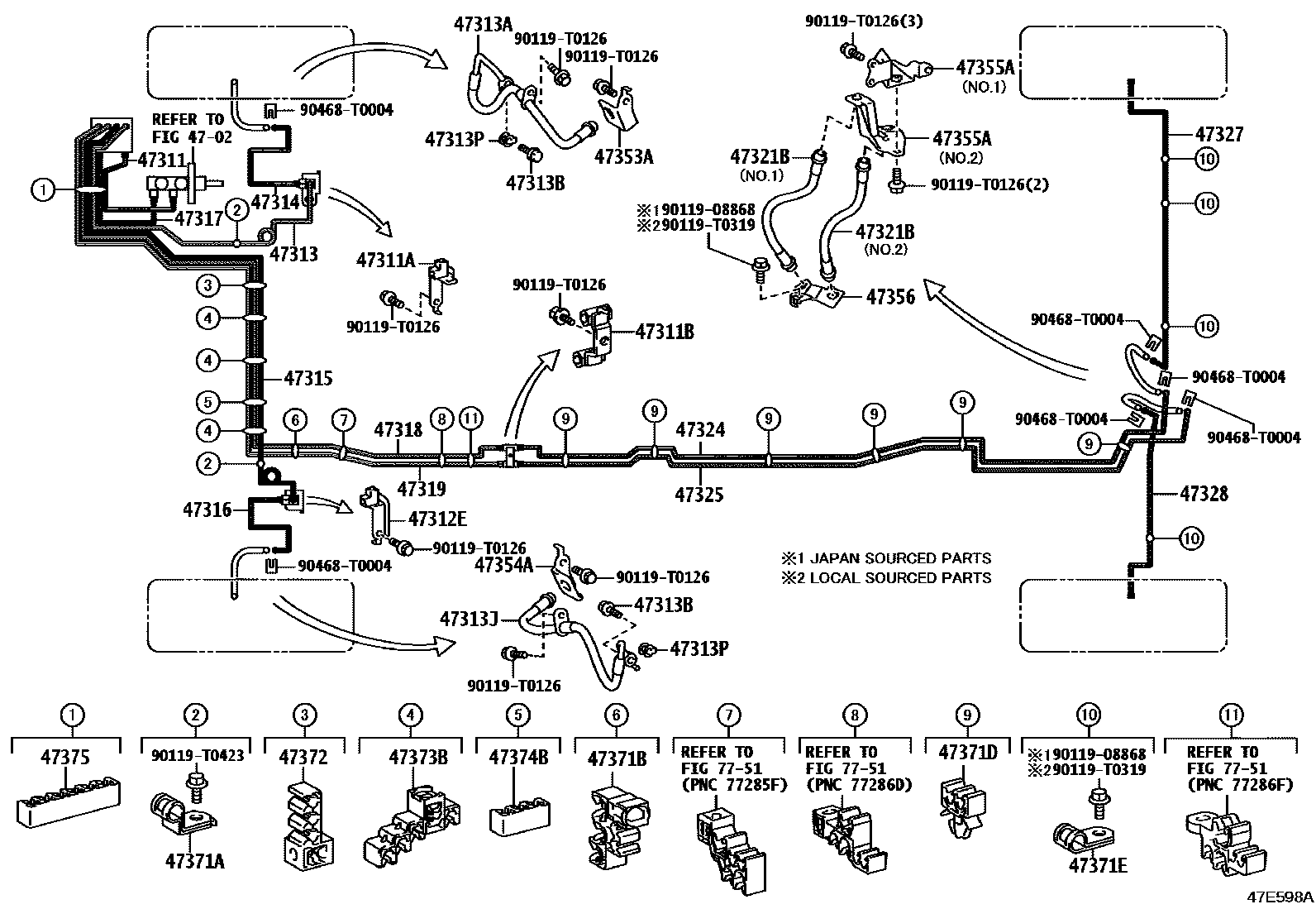 Toyota HILUX 制动配管和卡箍 EPC diagram — 47E598A