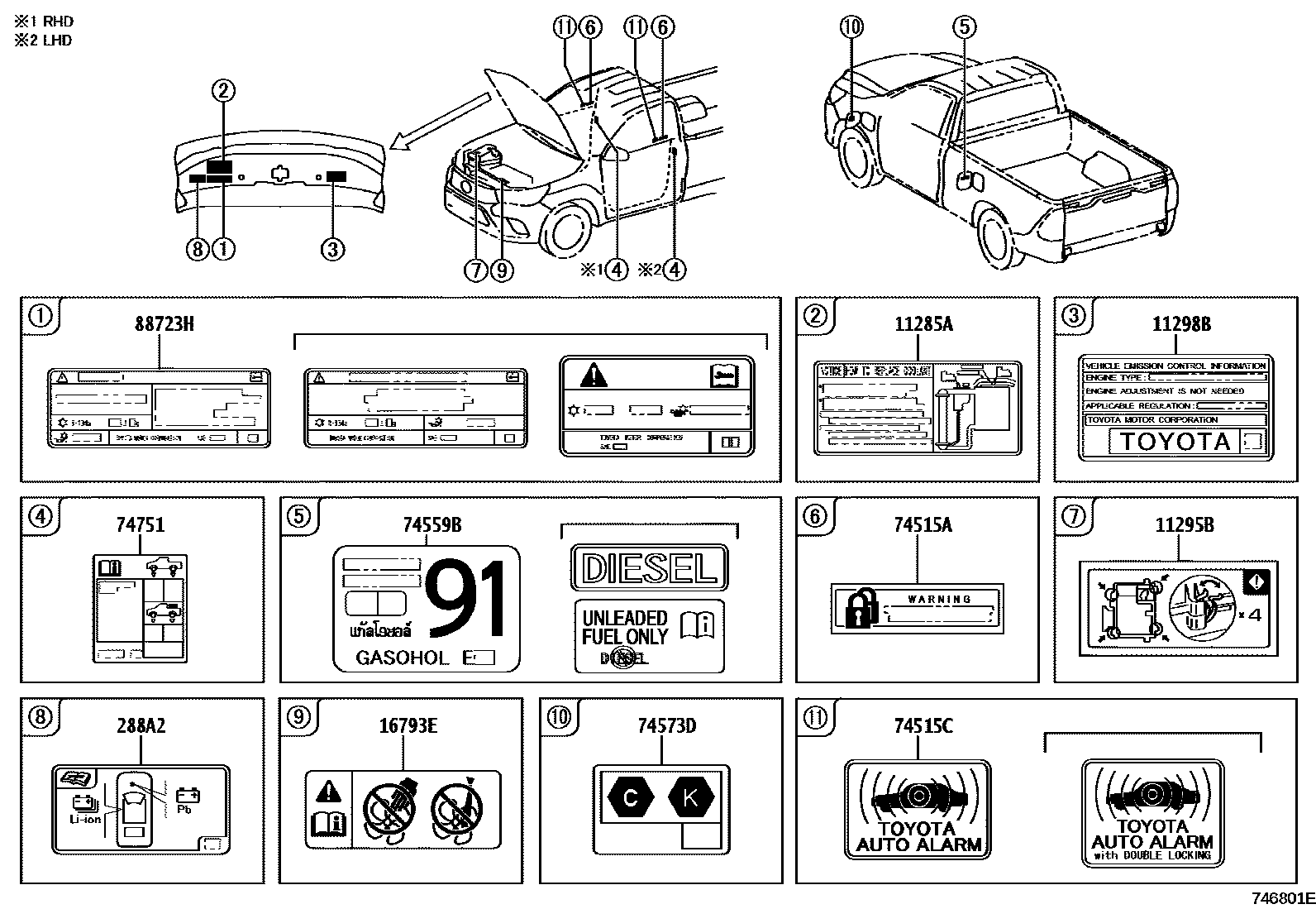 Toyota HILUX warning nameplate EPC diagram — 746801E
