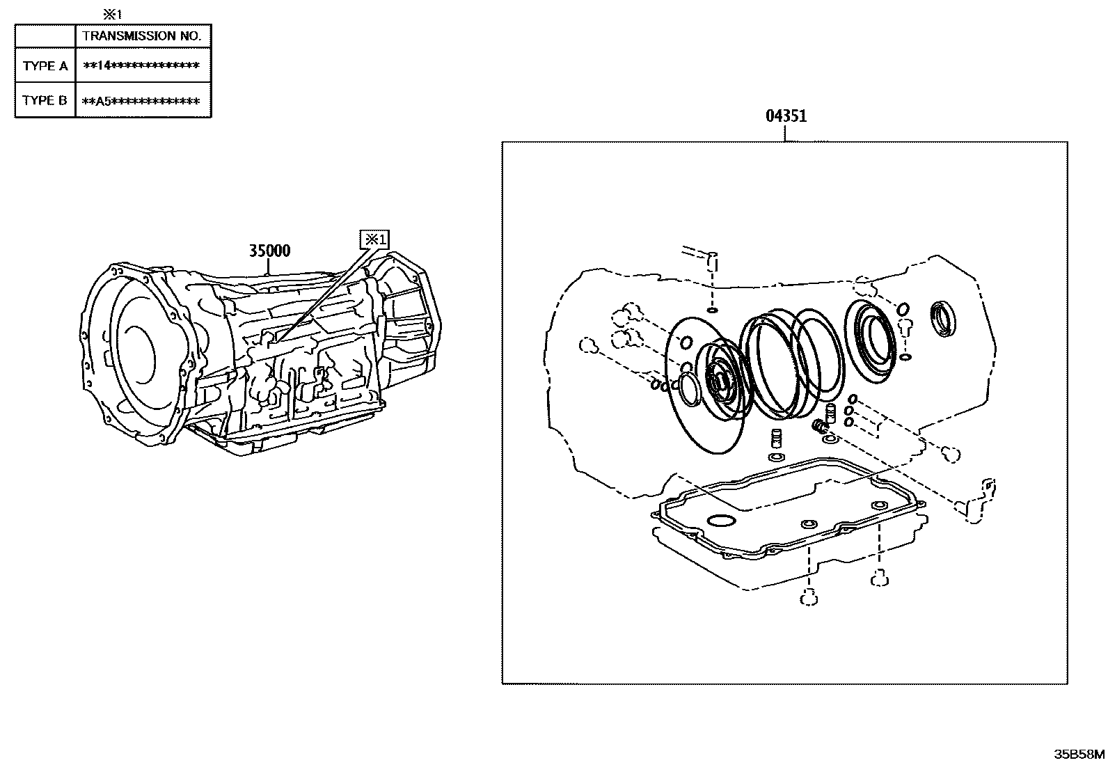 Toyota HILUX 传动桥或变速器总成和衬垫组件(ATM) EPC diagram — 35B58M