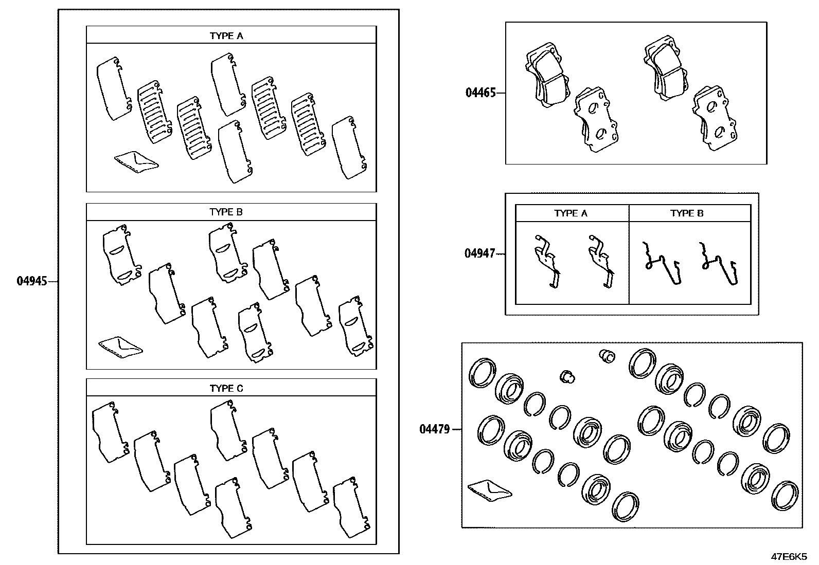 Toyota HILUX 前盘式制动器卡钳和防尘罩 EPC diagram — 47E6K5