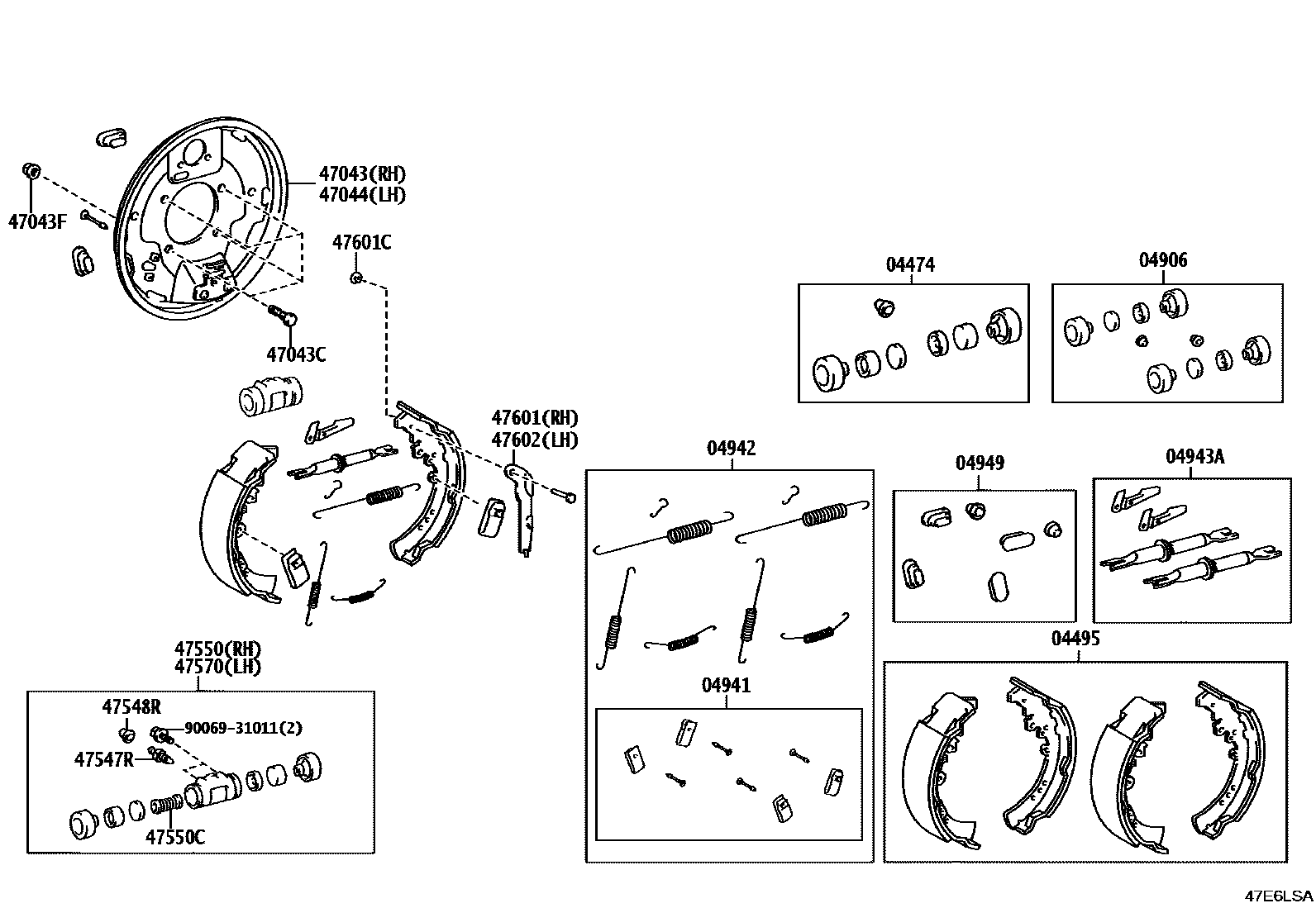 Toyota HILUX 后鼓式制动器分泵和底板 EPC diagram — 47E6LSA