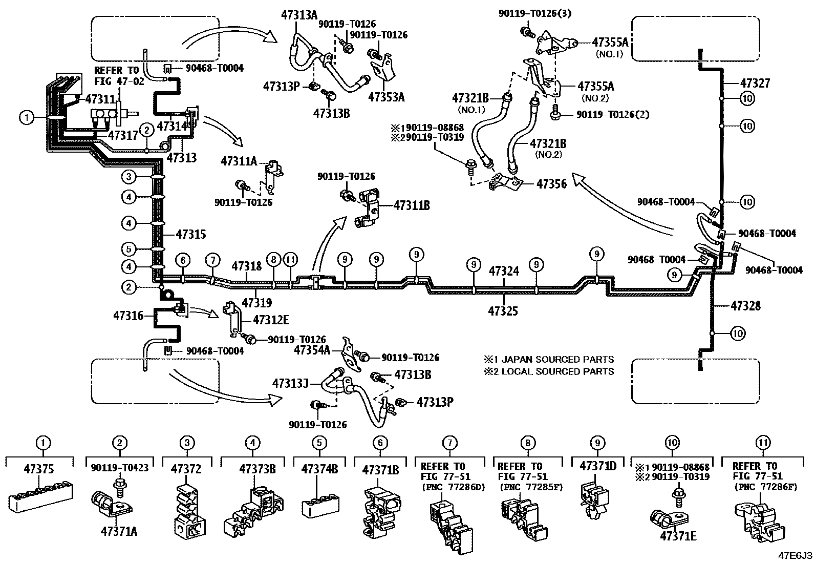 Toyota HILUX 制动配管和卡箍 EPC diagram — 47E6J3