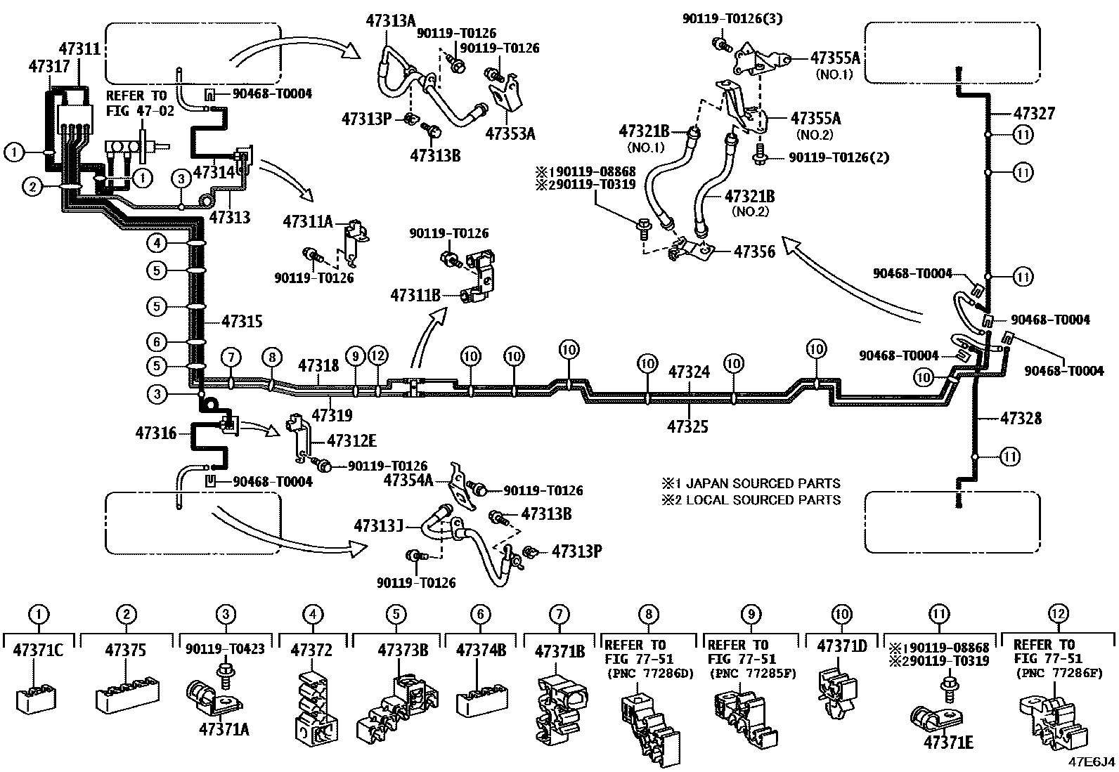 Toyota HILUX 制动配管和卡箍 EPC diagram — 47E6J4